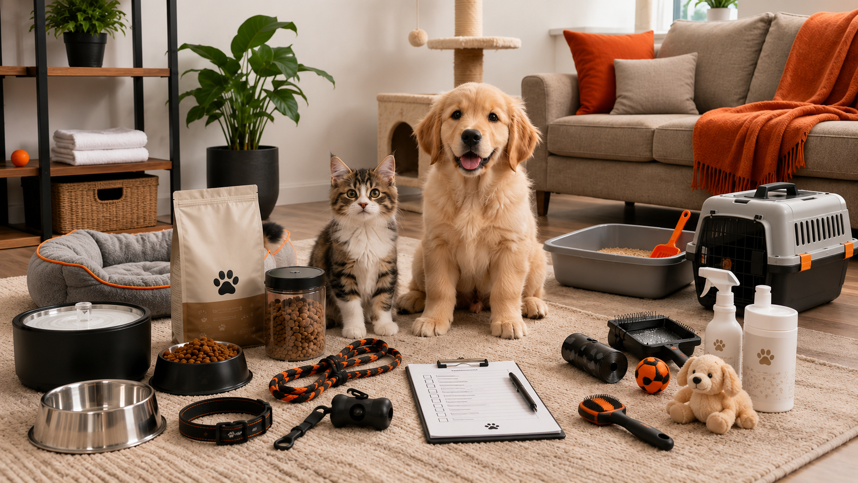 Happy cat and dog relaxing at home with pet care essentials