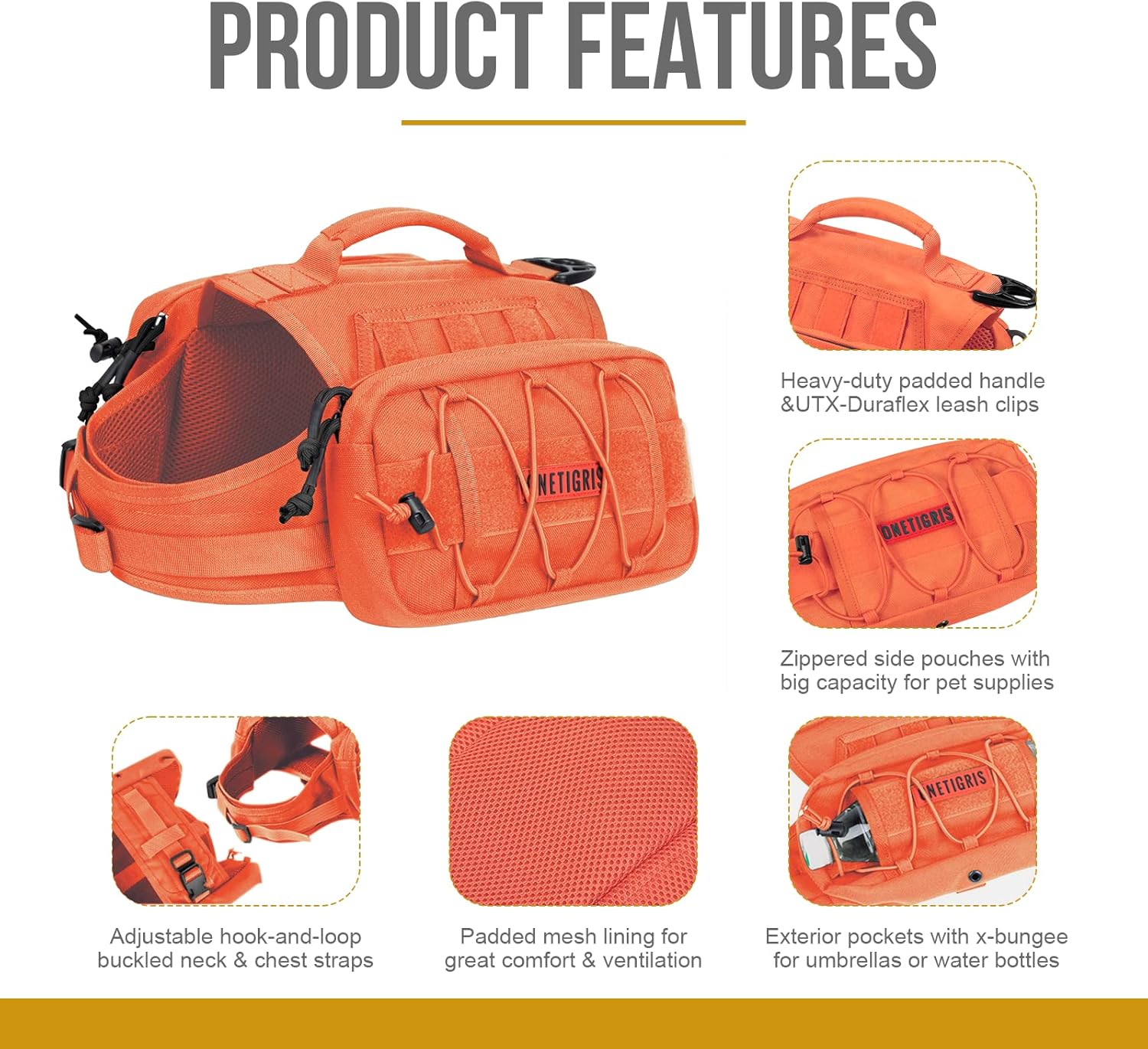 OneTigris Dog Backpack for Medium & Large Dogs, Mammoth Nylon Dog Pack Tactical Backpack Harness with Side Pockets for Hiking Walking Training Running - Image 3
