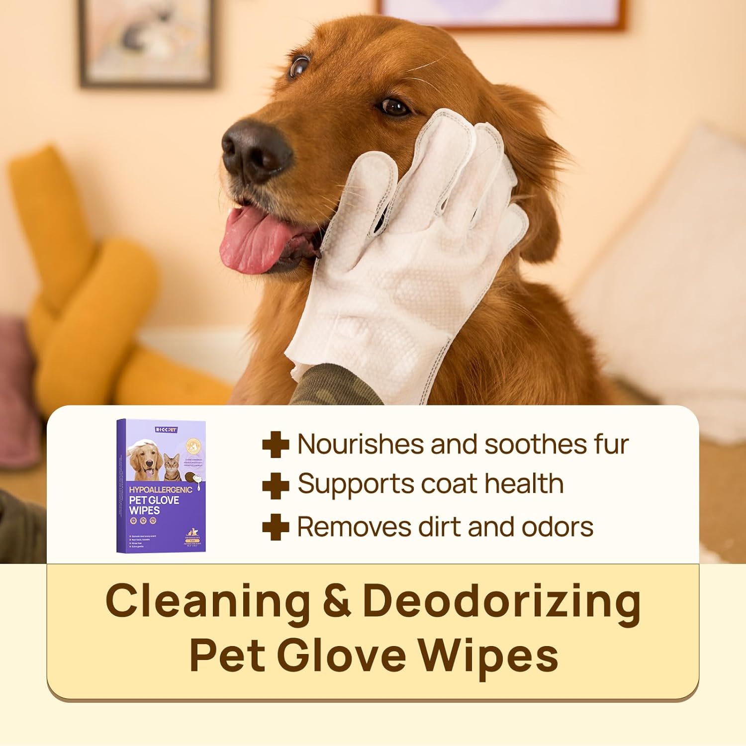 HICC PET Cleaning Deodorizing Glove Wipes for Dogs & Cats, Vet Recommended Hypoallergenic Hydrating & Nourish Fur Pet Grooming Glove Wipes, Pet Bathing Wipes for Horse Coat Care,6pcs Unscented - Image 3