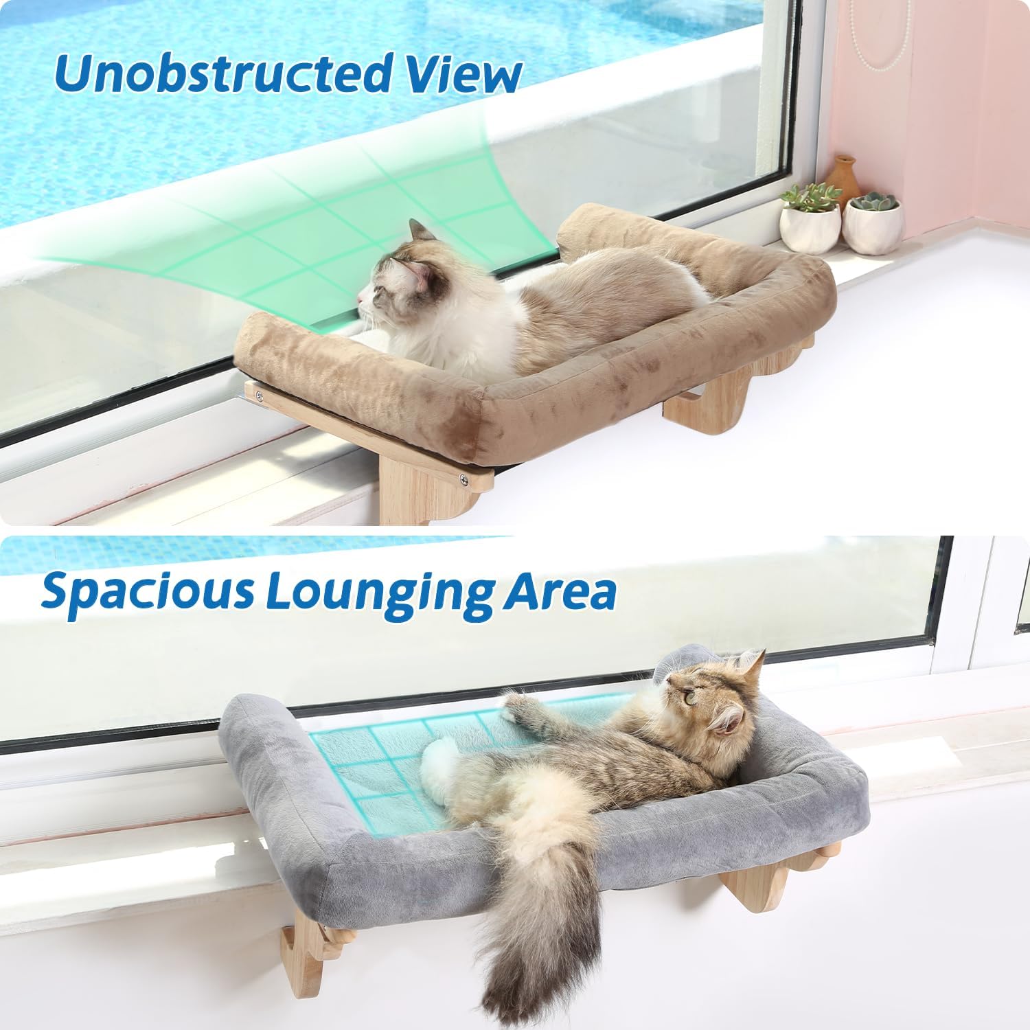 Zakkart Cat Perch for Window Sill with Bolster - Orthopedic Hammock Design with Premium Hardwood & Robust Metal Frame - Cat Window Seat for Large Cats - Natural Color Wood Gray Bed, 26.4''W - Image 2