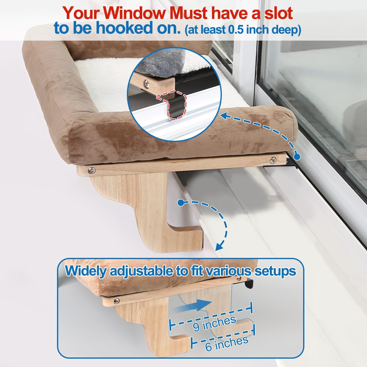 Zakkart Cat Perch for Window Sill with Bolster - Orthopedic Hammock Design with Premium Hardwood & Robust Metal Frame - Cat Window Seat for Large Cats - Natural Color Wood Gray Bed, 26.4''W - Image 5