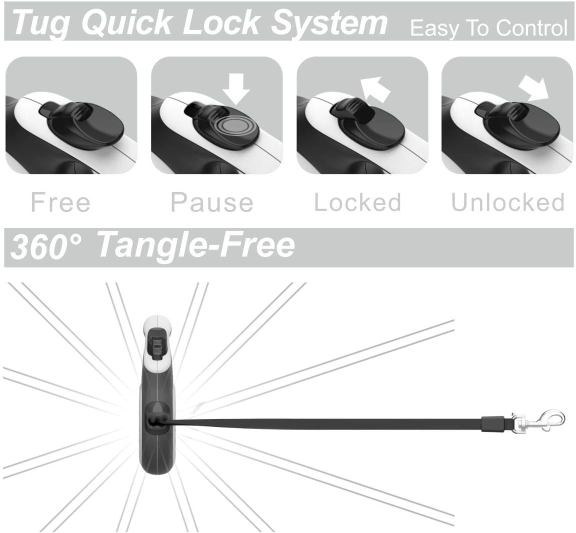 TUG Tiny 360° Tangle-Free Retractable Dog Leash with Anti-Slip Handle | 10 ft Nylon Tape| One-Handed Brake, Pause, Lock (White) - Image 5