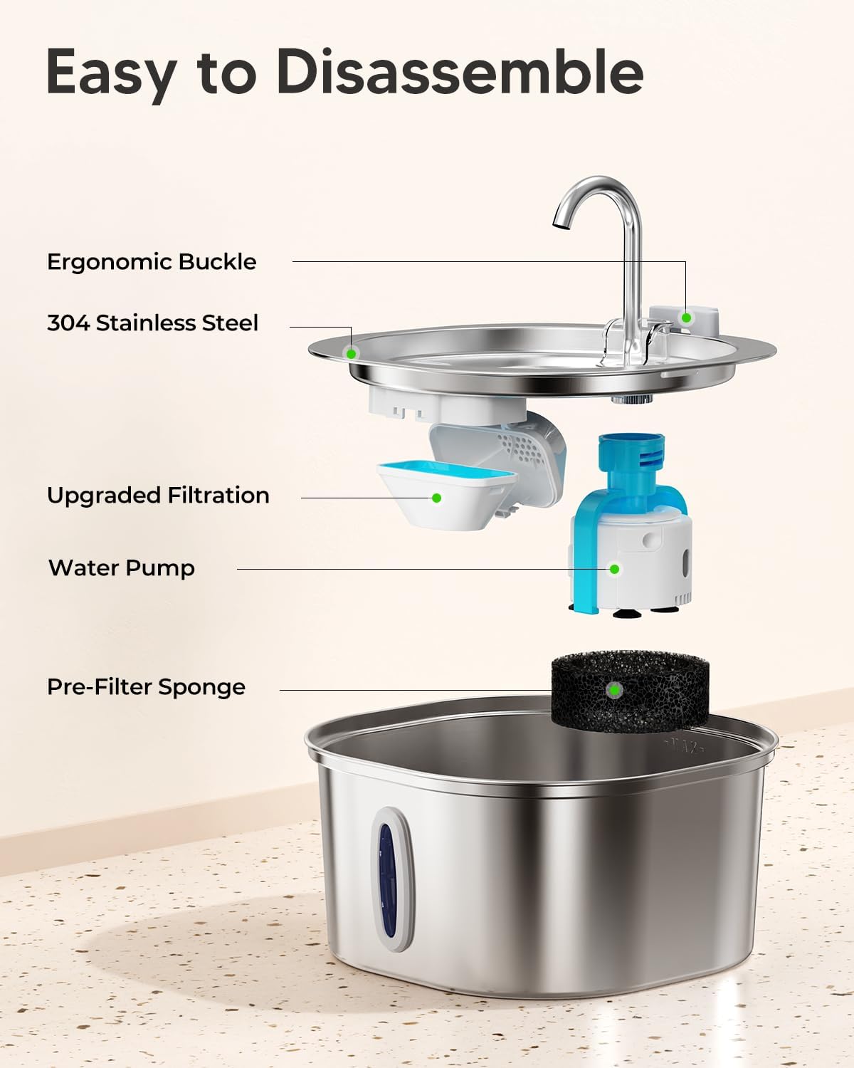 PEKTACO Stainless Steel Cat Water Fountain, 3.2L/108oz Cat Water Dispenser with Quiet Water Pump, Dishwasher Safe Pet Drinking Fountain for Cats - Image 7
