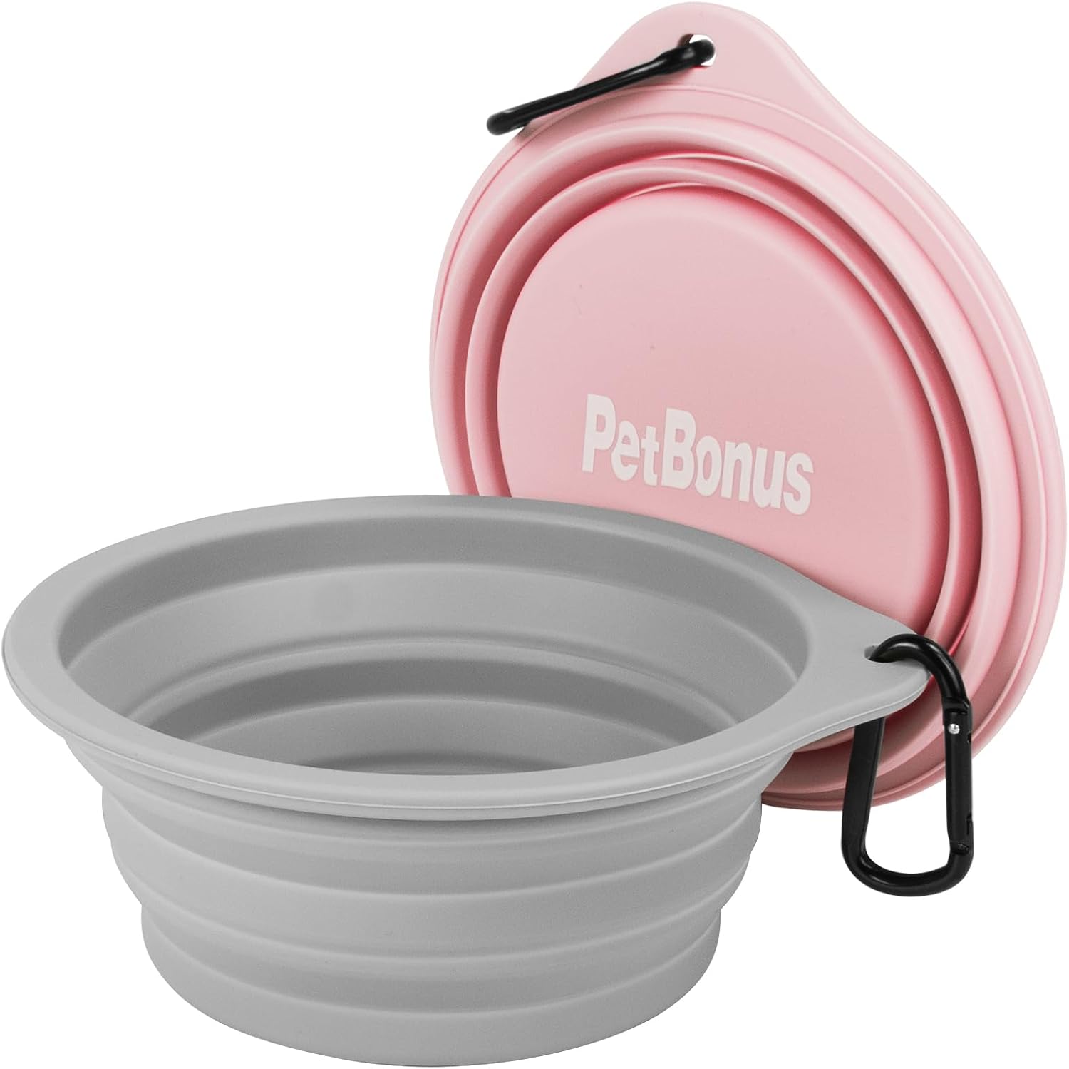 PetBonus 2-Pack Silicone Collapsible Dog Bowls, BPA Free Dishwasher Safe, Portable Foldable Expandable Travel Bowl, Food Water Feeding Cup Dish for Dogs Cats with 2 Carabiners (Grey, Chalk Pink) - Image 7