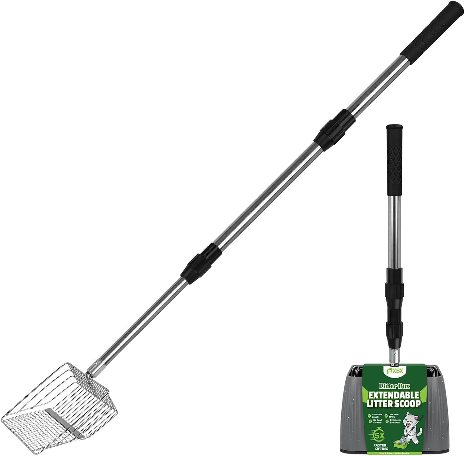 XBX Long Handle Cat Litter Scoop with Holder, Adjustable Extendable Metal Litter Scooper, Stainless Steel Shovel Sifter for Litter Box Cleaning, Durable Cat Pooper Scooper for Home Use