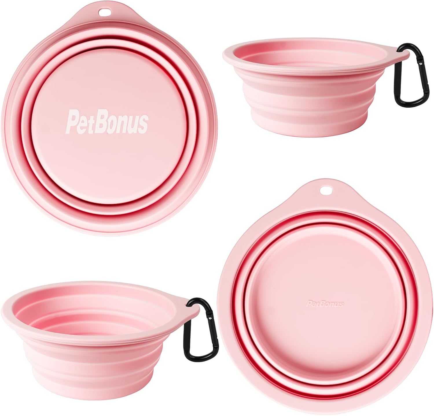 PetBonus 2-Pack Silicone Collapsible Dog Bowls, BPA Free Dishwasher Safe, Portable Foldable Expandable Travel Bowl, Food Water Feeding Cup Dish for Dogs Cats with 2 Carabiners (Grey, Chalk Pink) - Image 2