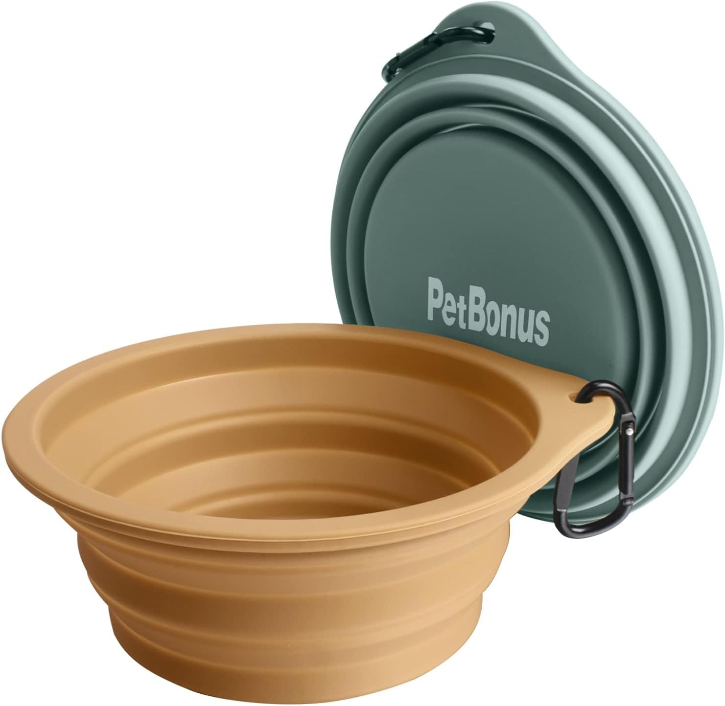 PetBonus 2-Pack Large Silicone Collapsible Dog Bowls, 34oz/1000ml BPA Free Portable Foldable Travel Bowl for Pet Cat, Food Water Feeding Dish for Camping with 2 Carabiners (Turquoise, Tan) - Image 7