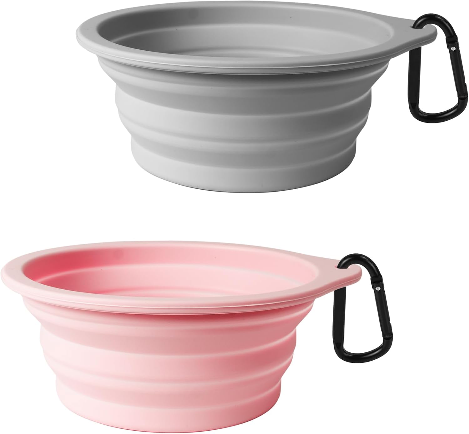PetBonus 2-Pack Silicone Collapsible Dog Bowls, BPA Free Dishwasher Safe, Portable Foldable Expandable Travel Bowl, Food Water Feeding Cup Dish for Dogs Cats with 2 Carabiners (Grey, Chalk Pink)