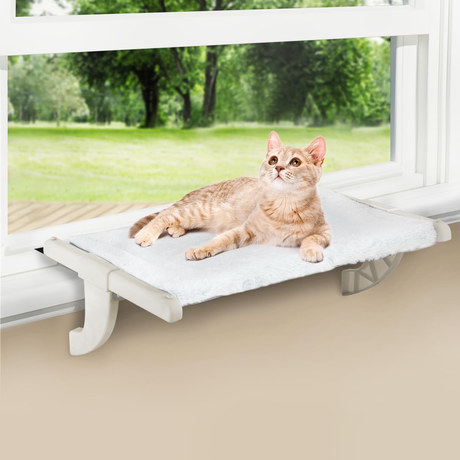Zoratoo Window Sill Mount Cat Perch for Indoor Cats, One-Step Sliding Clamping Slot Adjustment Cat Hammock with Washable Cover, No Suction Cups Pet Bed for Windowsill & Bedside (Large)