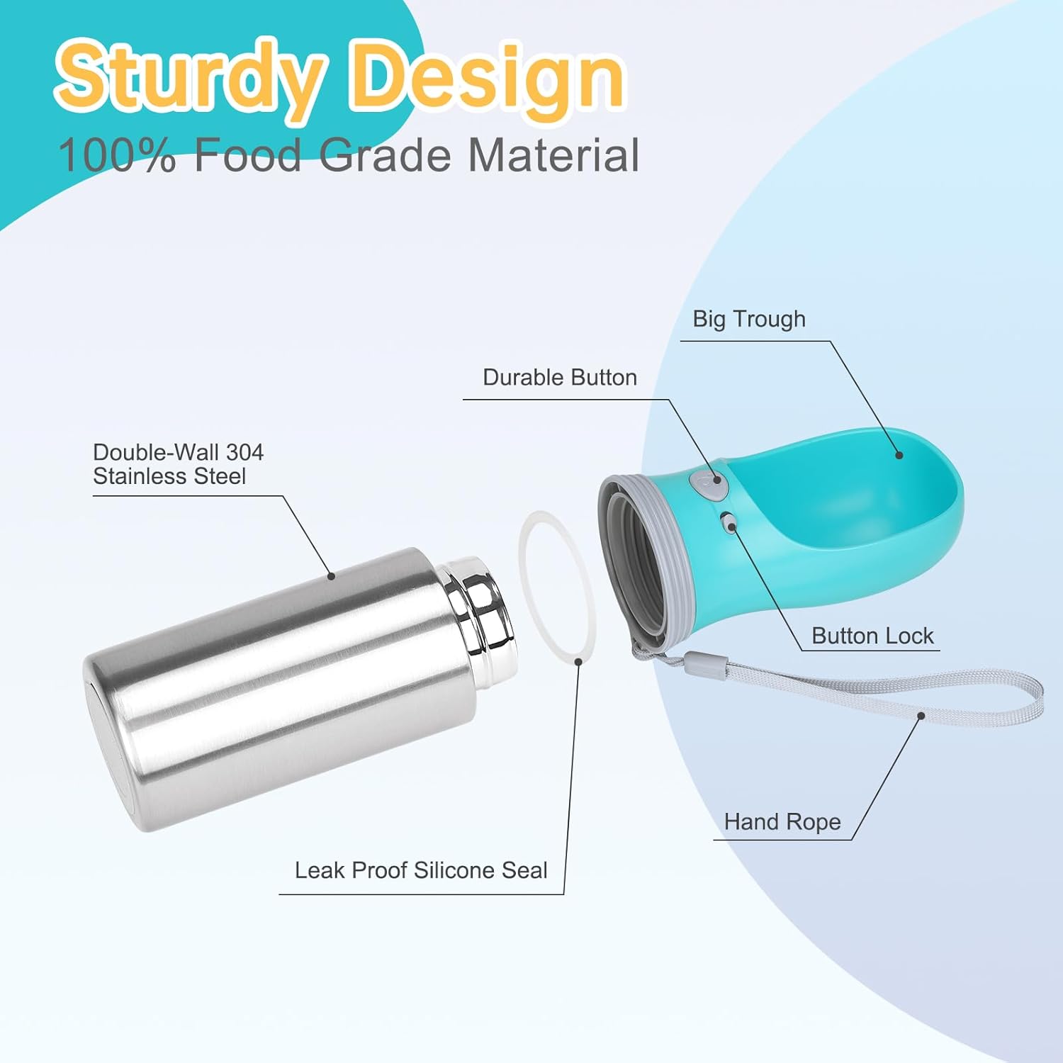 Portable Dog Water Bottle, 14 OZ, Stainless Steel Leak Proof Puppy Water Dispenser with Drinking Feeder for Pets Travel, Walking, Hiking and Outdoor Activities - Image 2