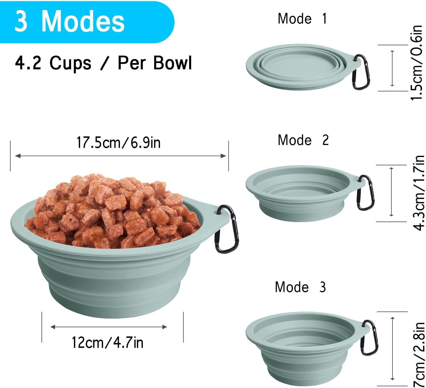 PetBonus 2-Pack Large Silicone Collapsible Dog Bowls, 34oz/1000ml BPA Free Portable Foldable Travel Bowl for Pet Cat, Food Water Feeding Dish for Camping with 2 Carabiners (Turquoise, Tan) - Image 3