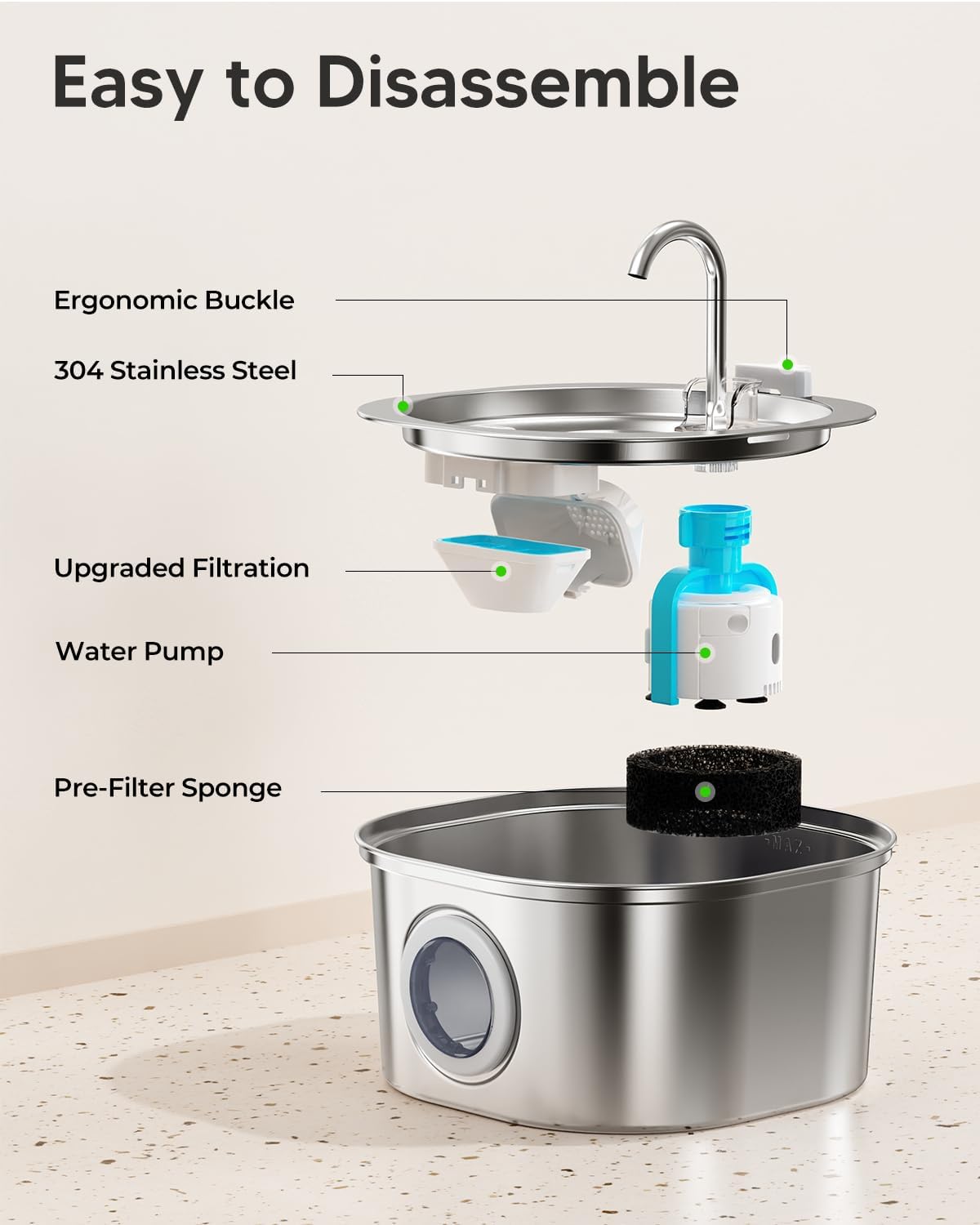 PEKTACO Stainless Steel Cat Water Fountain, 3.2L/108oz Cat Water Dispenser with Quiet Water Pump, Dishwasher Safe Pet Drinking Fountain for Cats - Image 7
