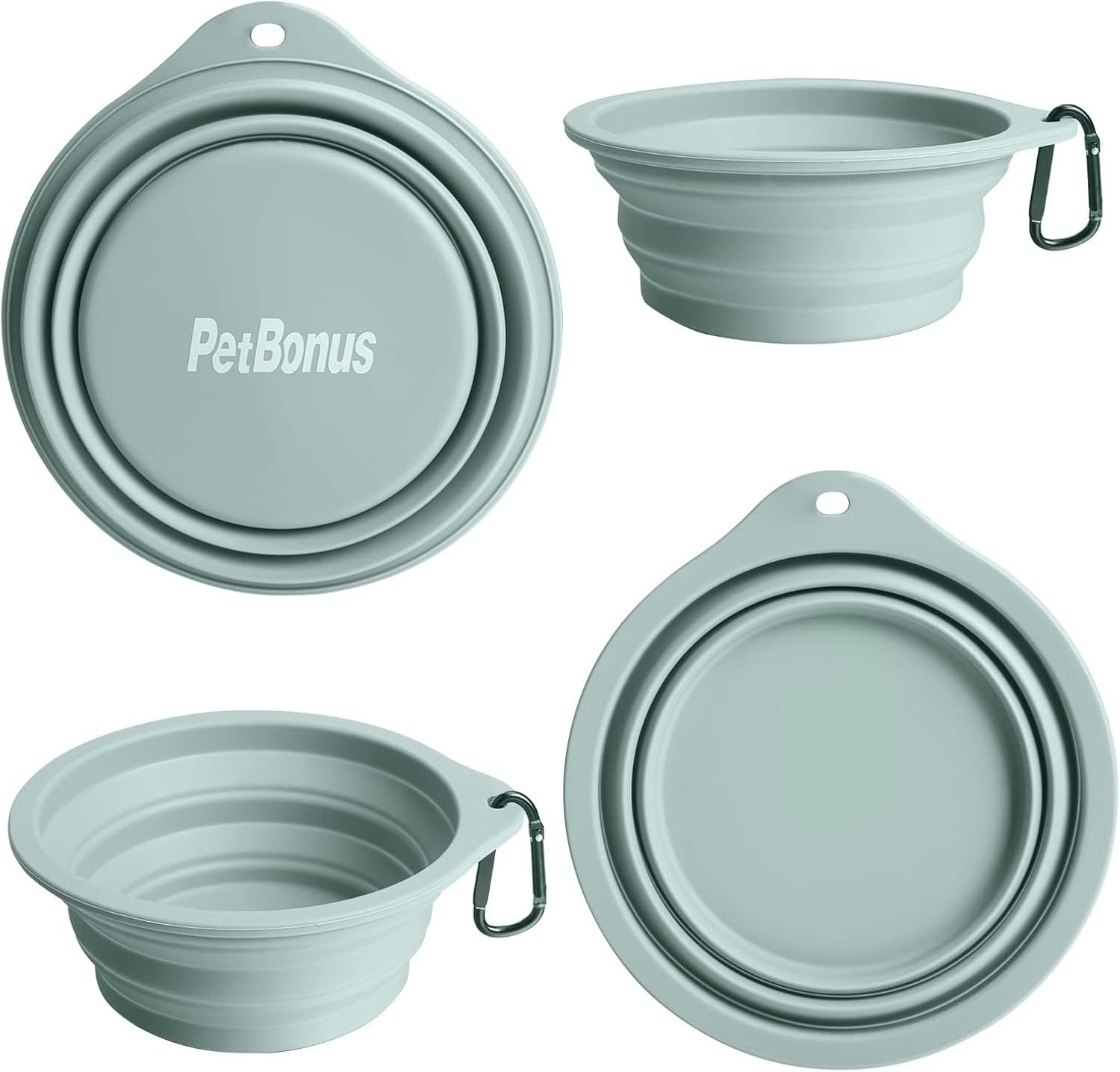PetBonus 2-Pack Large Silicone Collapsible Dog Bowls, 34oz/1000ml BPA Free Portable Foldable Travel Bowl for Pet Cat, Food Water Feeding Dish for Camping with 2 Carabiners (Turquoise, Tan) - Image 2