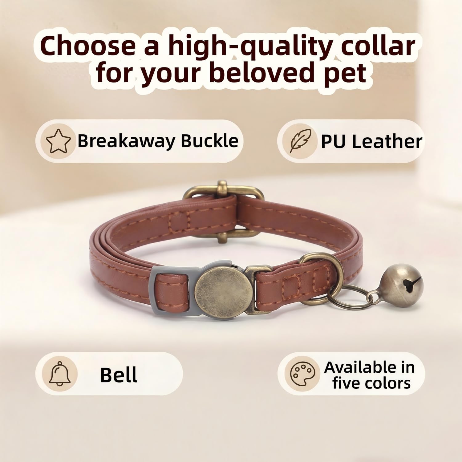THAIN Leather Cat Collar with Bell Breakaway- Adjustable, Durable, Retro Bell fit Most Cats and Kittens (Brown) - Image 3