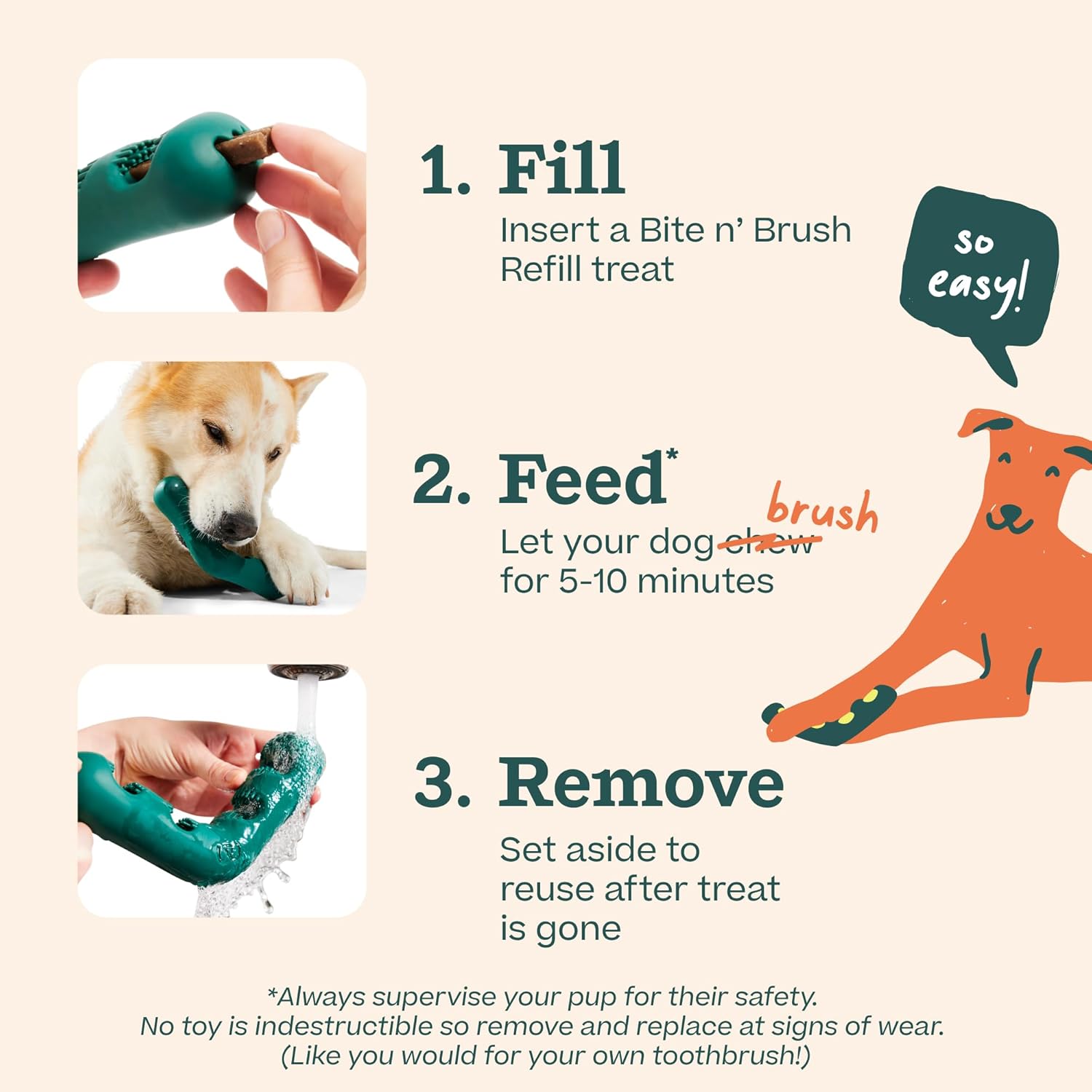 WOOF The Bite n' Brush - Dog Toothbrush Toy - Scrub Plaque and Tartar from Your Dog's Teeth and Mouth - Dog Dental Chew Toy - Small - Image 2