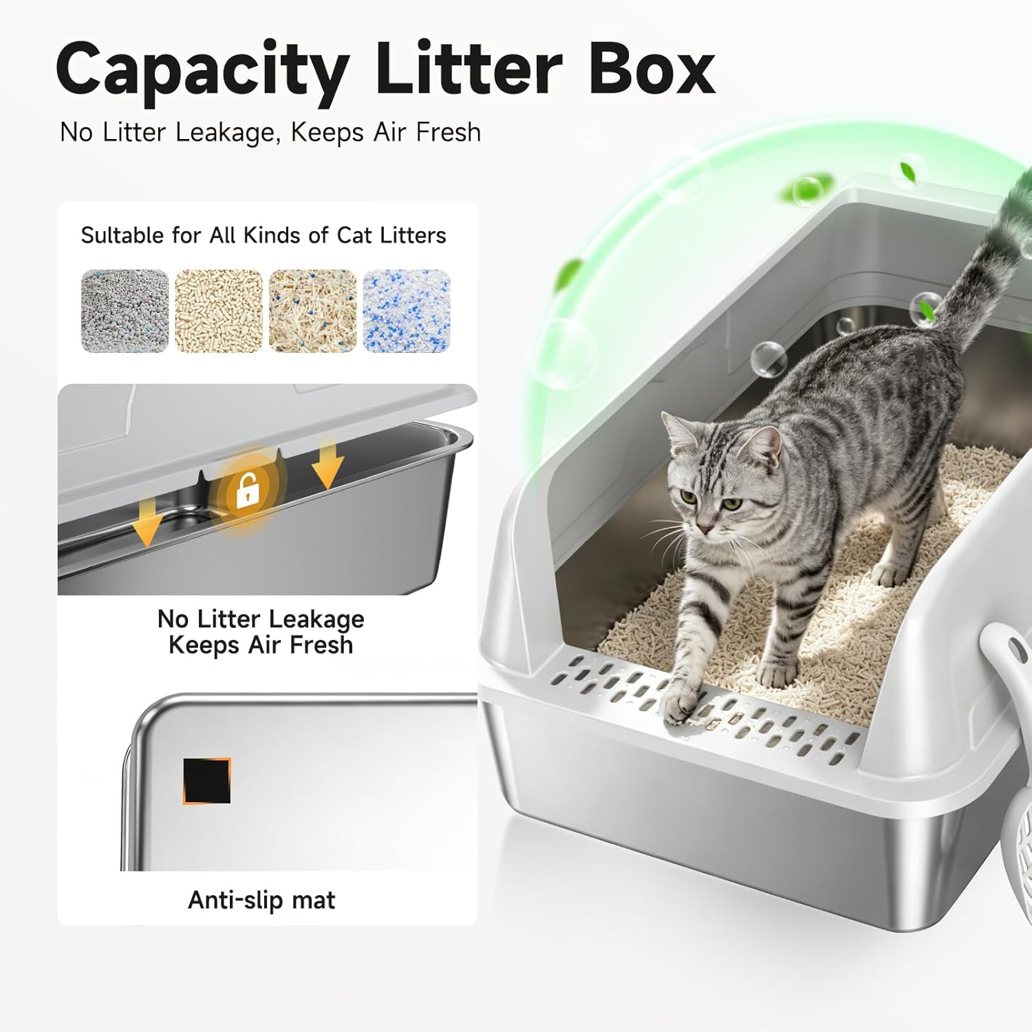 Stainless Steel XL Cat Litter Box for Cats, High-Sided Design Prevents Urine Leakage, Non-Stick, Easy to Clean, Includes Scoop, Gray - Image 3