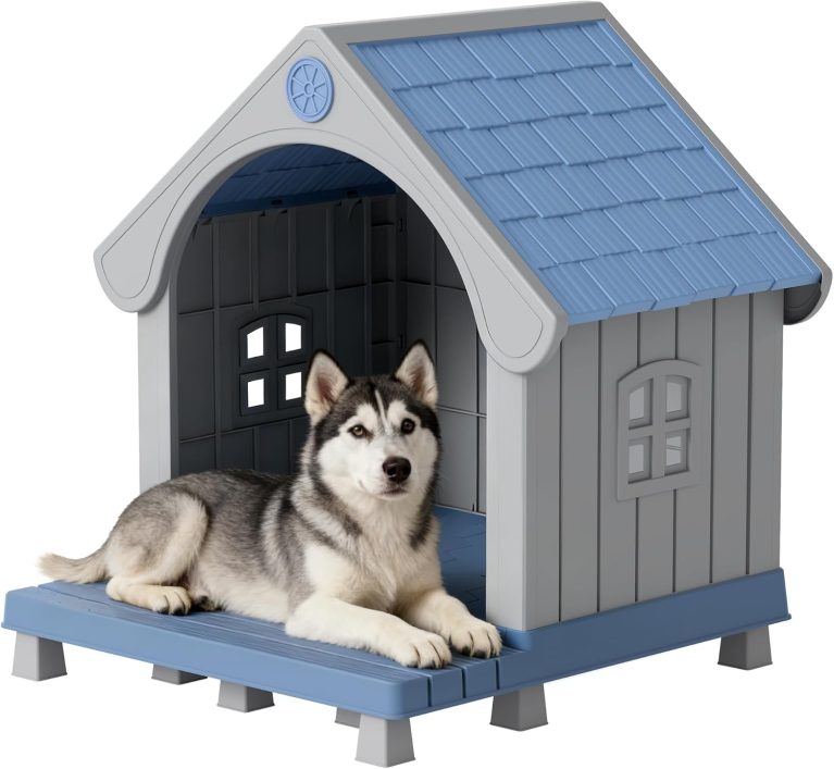 Bifanuo Dog House Outdoor Weatherproof with Porch for Small Medium Dogs, Durable Plastic Pet House with Sloping roof and Elevated Floor, Easy Cleaning and Assemble (Blue, 32.95"D x 31.5"W x 37.88"H)