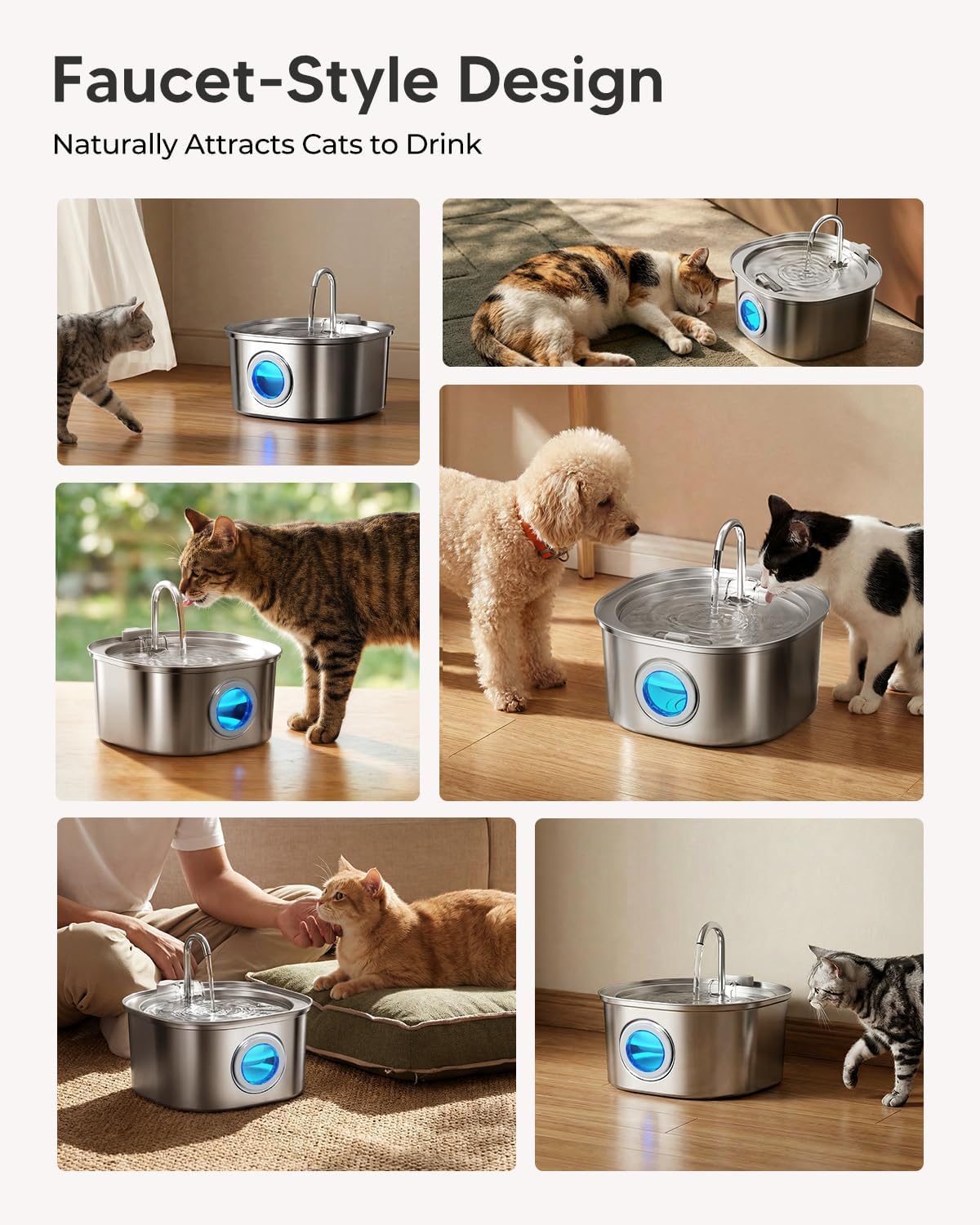 PEKTACO Stainless Steel Cat Water Fountain, 3.2L/108oz Cat Water Dispenser with Quiet Water Pump, Dishwasher Safe Pet Drinking Fountain for Cats - Image 9