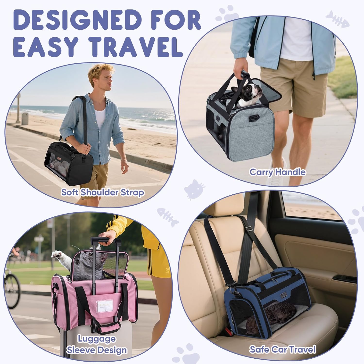 BALEINE Cat Carrier, Puppy Dog Carrier for Small Medium Pets Up to 15 Lbs, Soft-Sided Dog Travel Bag with Safety Zippers, Collapsible Pet Carrying Case (Blue, L, 17"x11"x11") - Image 9