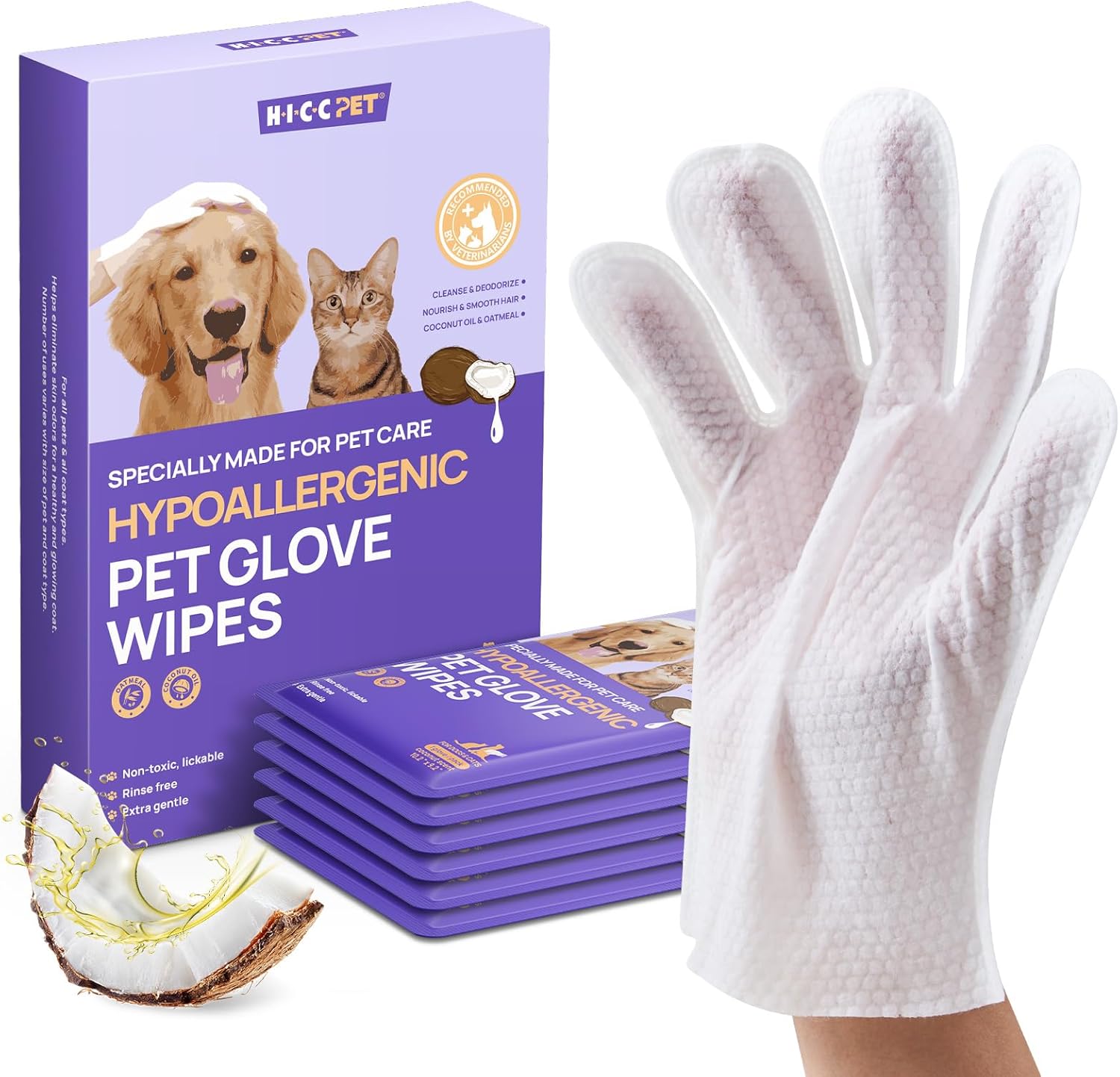 HICC PET Dog Wipes Cleaning Deodorizing Glove Wipes for Dogs, Cats & Horses, Vet Recommended Hypoallergenic Hydrating & Nourishing Pet Wipes for Eyes, Ears, Butt & Paws, No-Rinse, 6pcs Coconut Scent