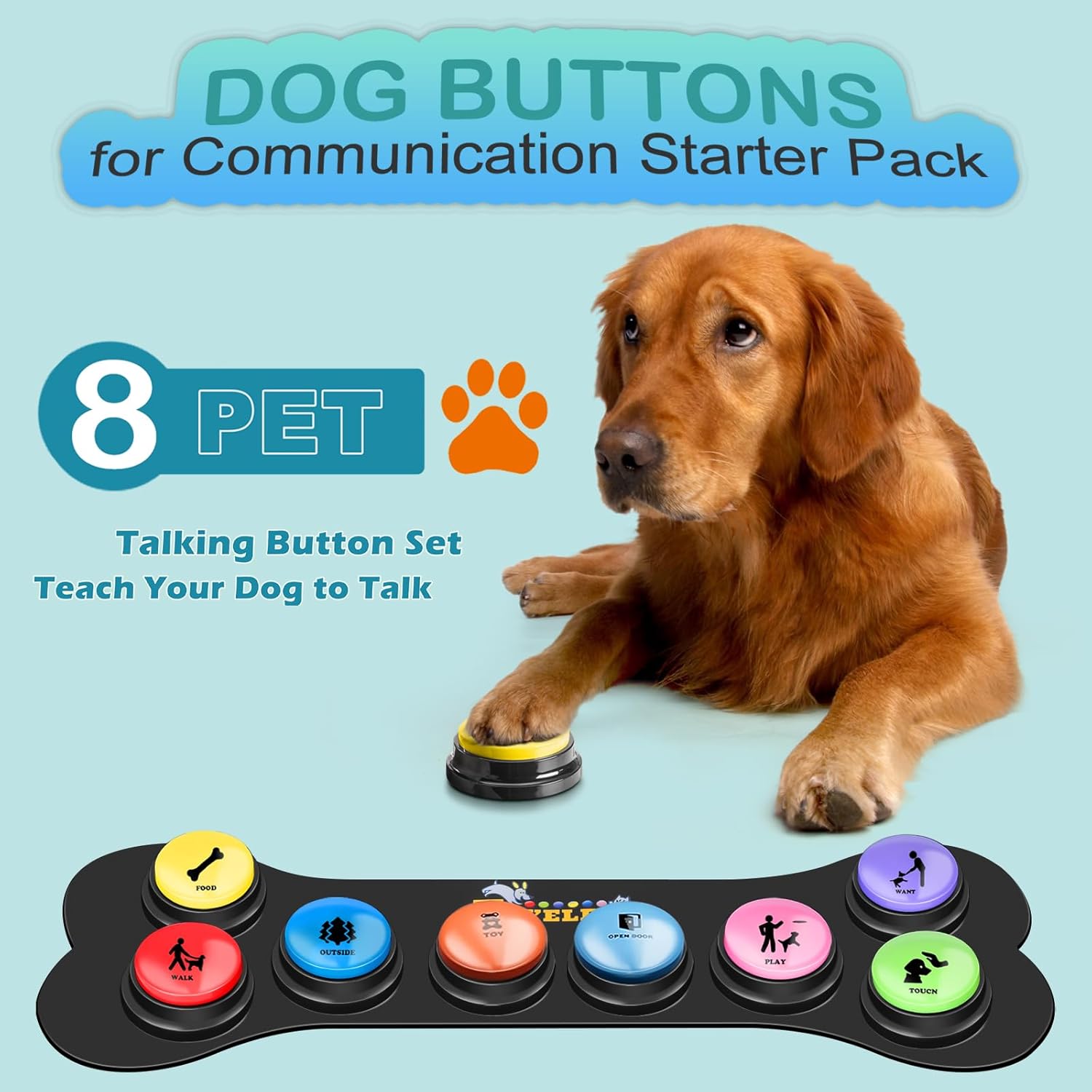 Dog Buttons for Communication Starter Pack 8 Dog Talking Button Set, 30s Voice Recording Speaking Button Pet Speech Training Buzzers with 30 Scene Stickers and Dog Button Mat for Animal Training - Image 2