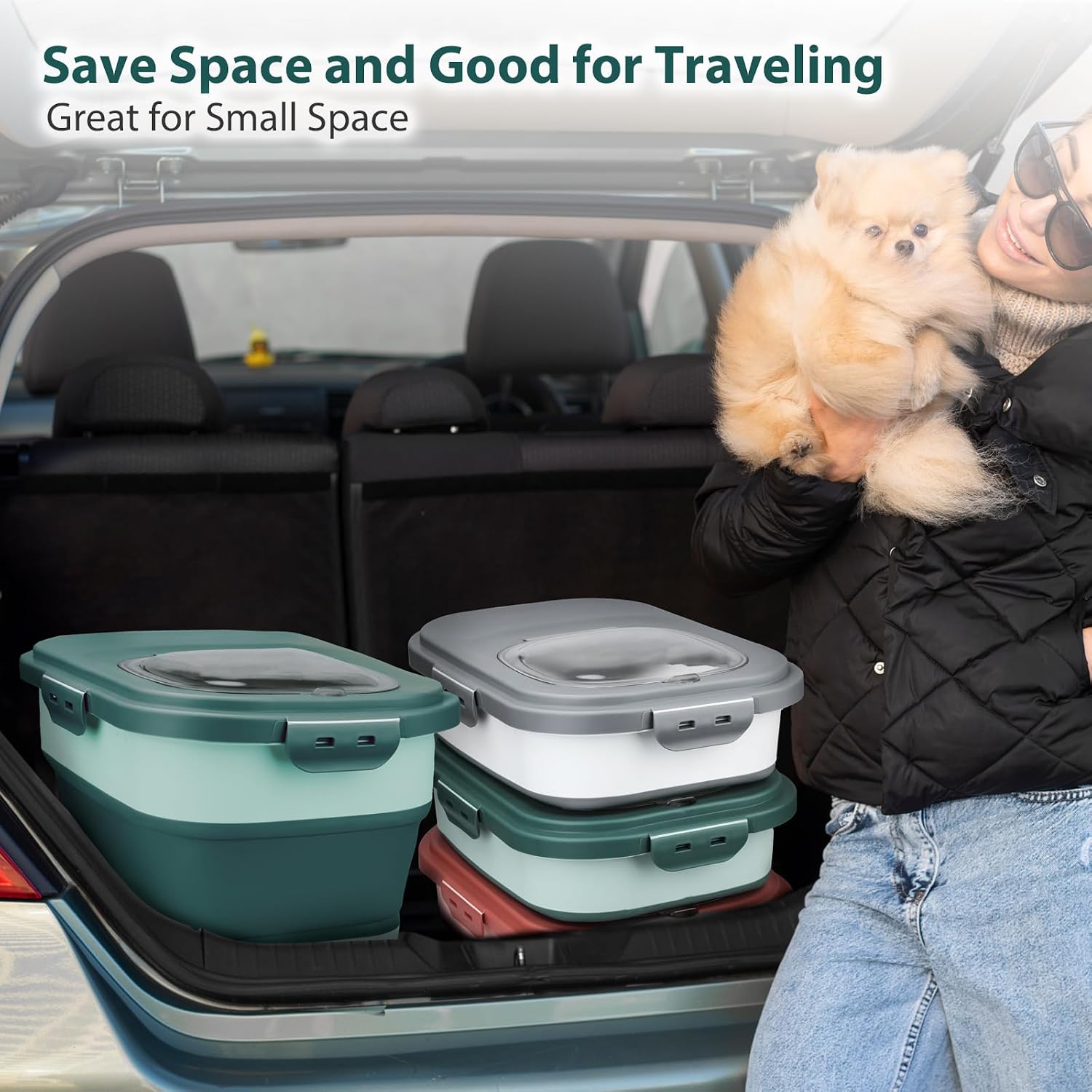 Viretec Dog Food Storage Container, 10-20Lbs Collapsible Pet Food Storage Containers with Rolling Wheel Airtight Locking Lid, Dry Food Storage Bin with Cup and Scoop,Suitable for Pet Food, Flour, Rice - Image 4