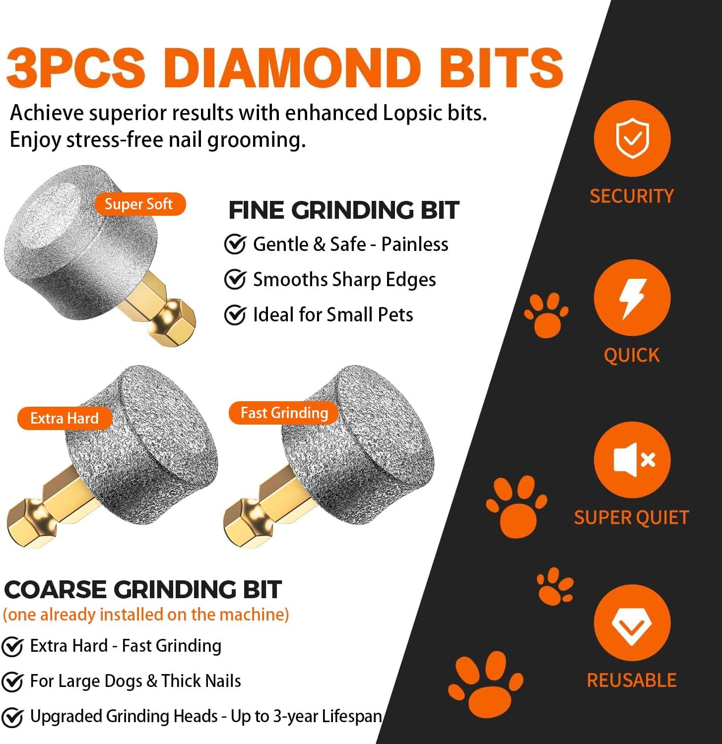 Whisper Quiet Dog Nail Grinder with 4 LED Lights, Safe & Stress-Free for Sensitive Dogs Cats of All Breeds & Sizes, 3 Grinding Bits, 3-Speed, Pet Nail Trimmers, Rechargeable Painless Grooming Kit - Image 5