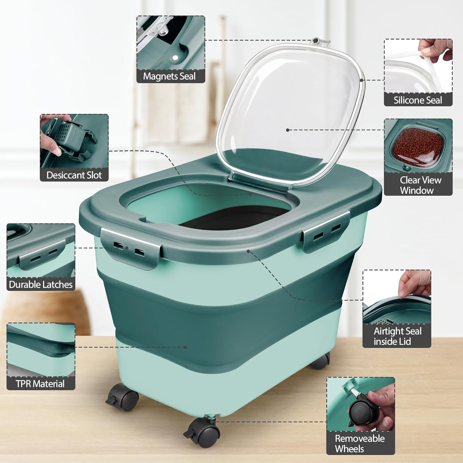 Viretec Dog Food Storage Container, 10-20Lbs Collapsible Pet Food Storage Containers with Rolling Wheel Airtight Locking Lid, Dry Food Storage Bin with Cup and Scoop,Suitable for Pet Food, Flour, Rice - Image 5
