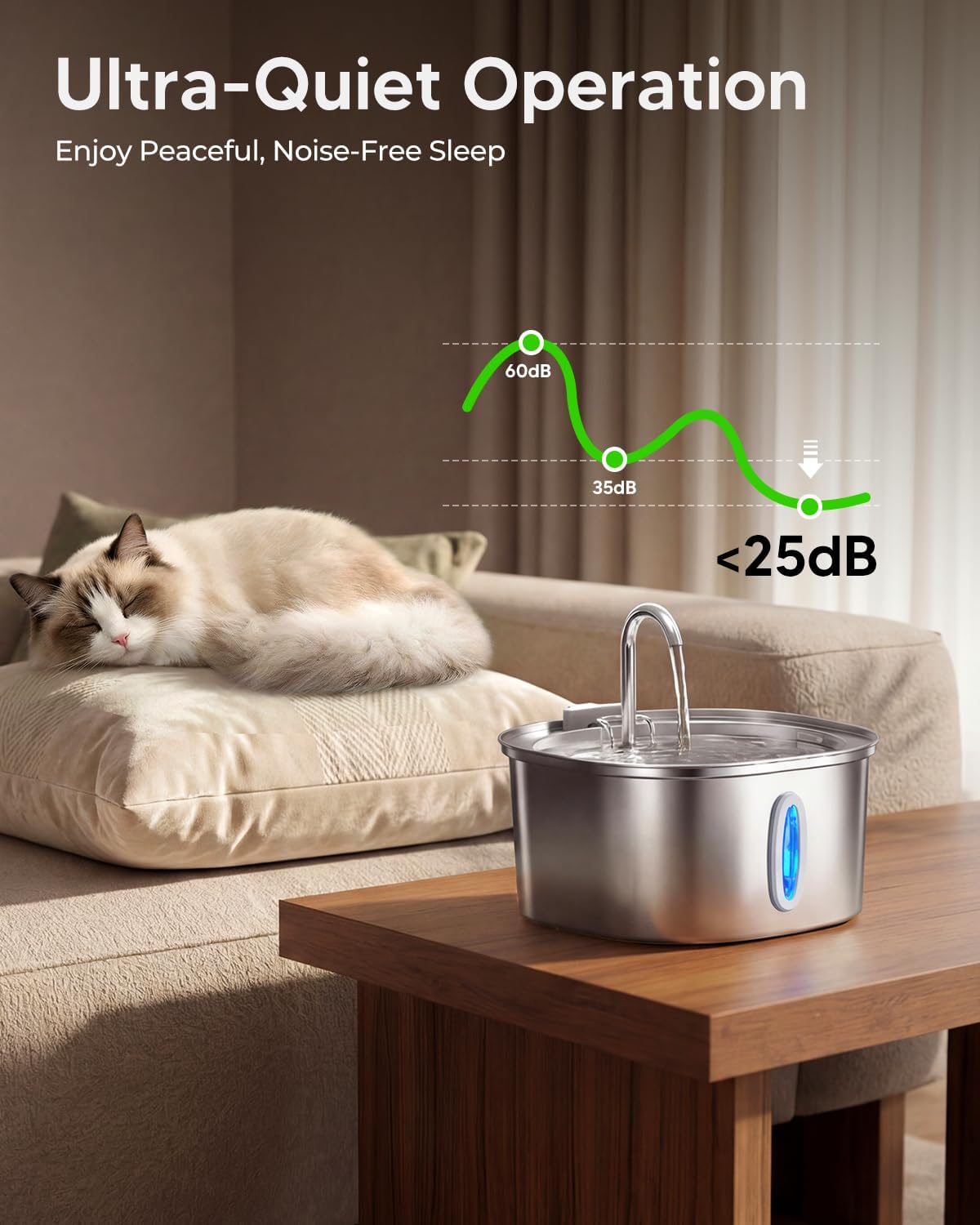 PEKTACO Stainless Steel Cat Water Fountain, 3.2L/108oz Cat Water Dispenser with Quiet Water Pump, Dishwasher Safe Pet Drinking Fountain for Cats - Image 6