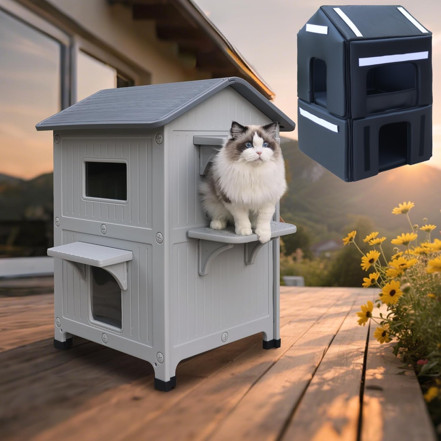 Weatherproof Outdoor Cat House with Insulated Liner for Feral Multi Cats 21.5" D x 21" W x 34" H, 2 Storey Insulated Elevated Cat Shelter with Escape Door, Easy Assemble, Expansive Interior