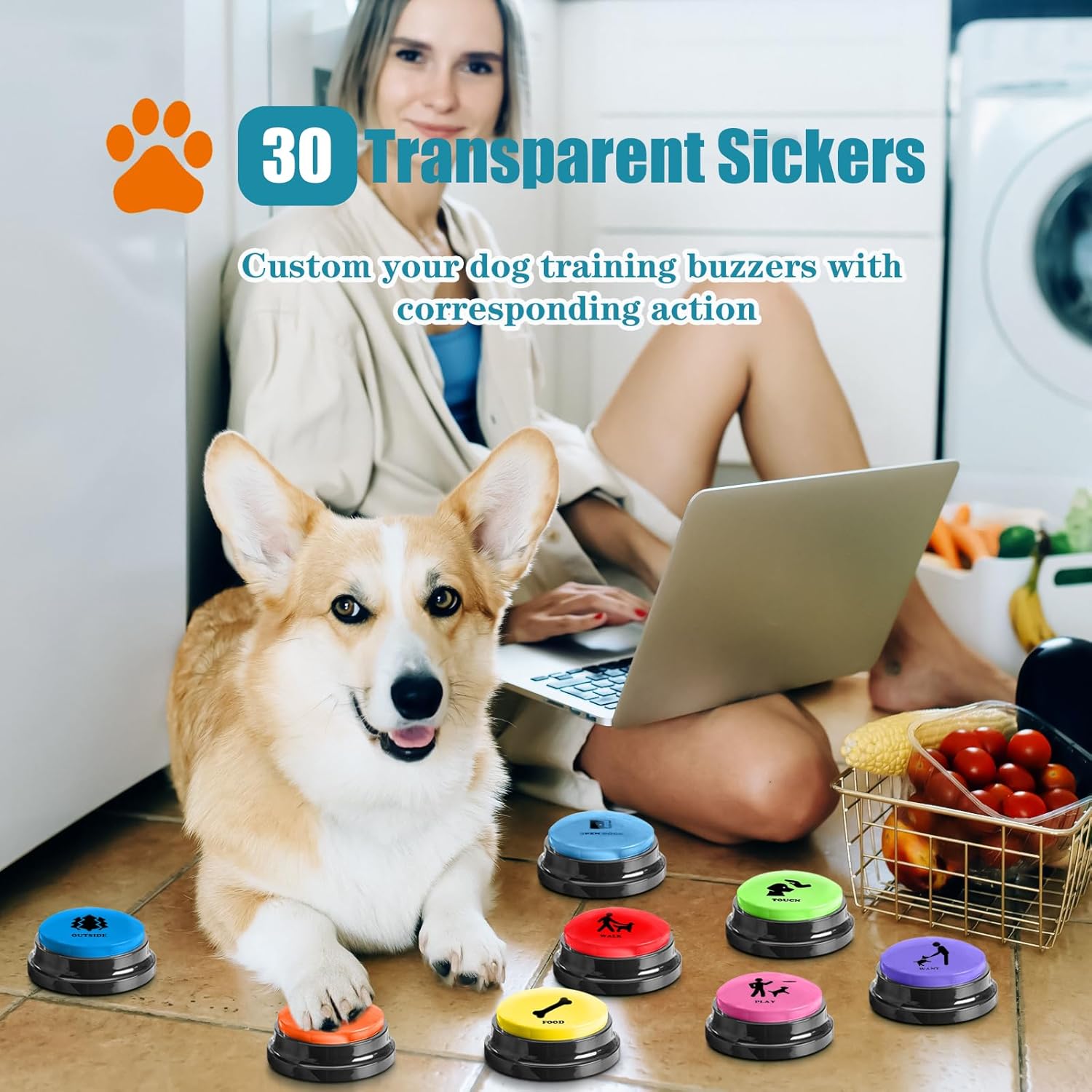 Dog Buttons for Communication Starter Pack 8 Dog Talking Button Set, 30s Voice Recording Speaking Button Pet Speech Training Buzzers with 30 Scene Stickers and Dog Button Mat for Animal Training - Image 5