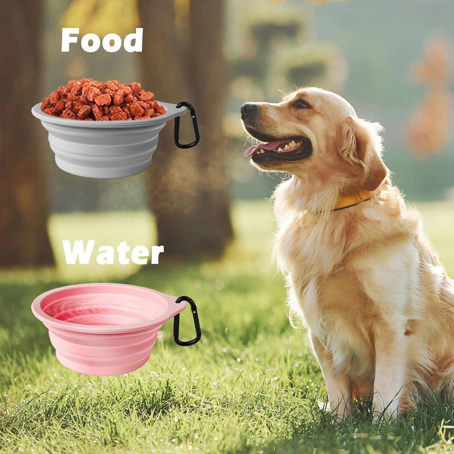 PetBonus 2-Pack Silicone Collapsible Dog Bowls, BPA Free Dishwasher Safe, Portable Foldable Expandable Travel Bowl, Food Water Feeding Cup Dish for Dogs Cats with 2 Carabiners (Grey, Chalk Pink) - Image 4