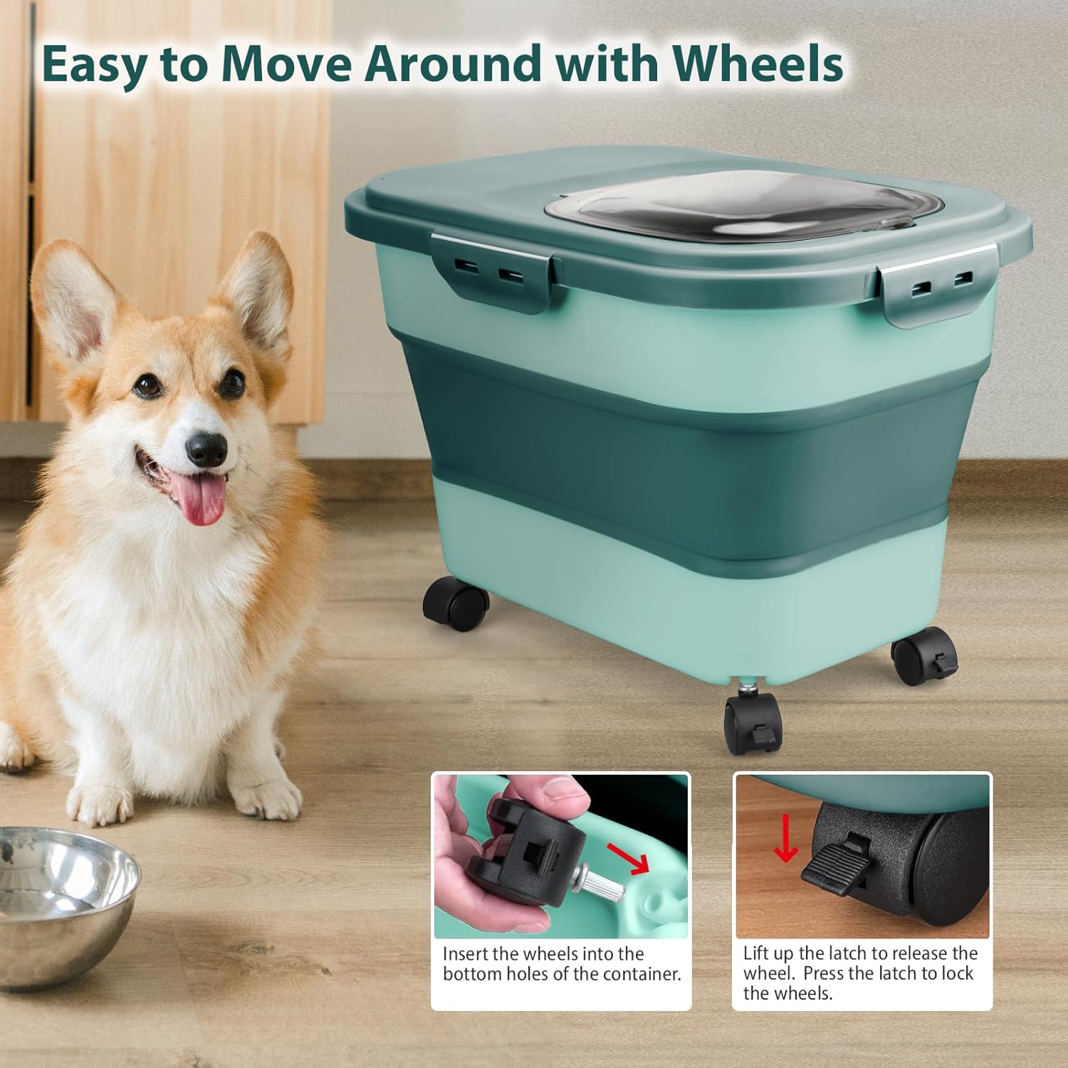 Viretec Dog Food Storage Container, 10-20Lbs Collapsible Pet Food Storage Containers with Rolling Wheel Airtight Locking Lid, Dry Food Storage Bin with Cup and Scoop,Suitable for Pet Food, Flour, Rice - Image 3