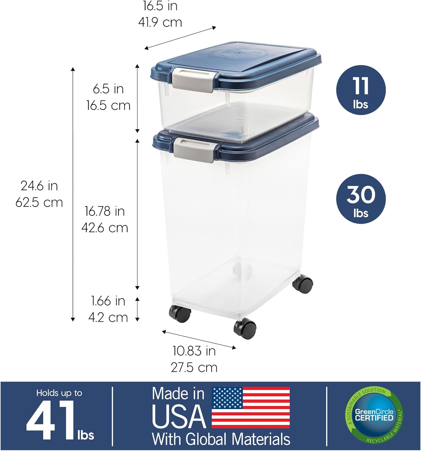 IRIS USA Dog Food Storage Container 30 lb + 11 lb, Stackable Combo Set, Airtight Pet Food Storage Bins with Wheels for Dog Cat Bird Chicken Food, BPA Free, Made in USA, Navy - Image 4
