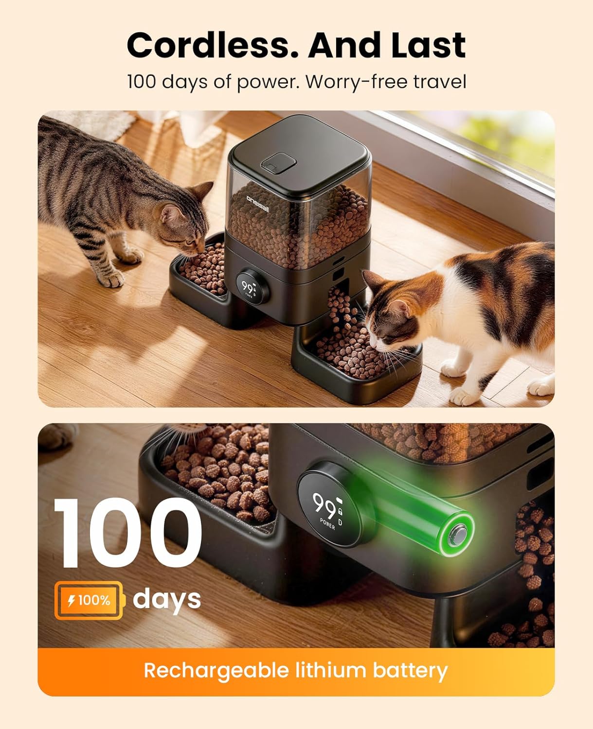 oneisall Cordless 2.4Ghz WiFi Automatic Cat Feeder for 2 Cats, Rechargeable 100-Day Battery Operated Auto Cat Feeder, 20 Cups/5L Timed Cats Food Dispenser Automatic for Large Kibble, Smart App Control - Image 2