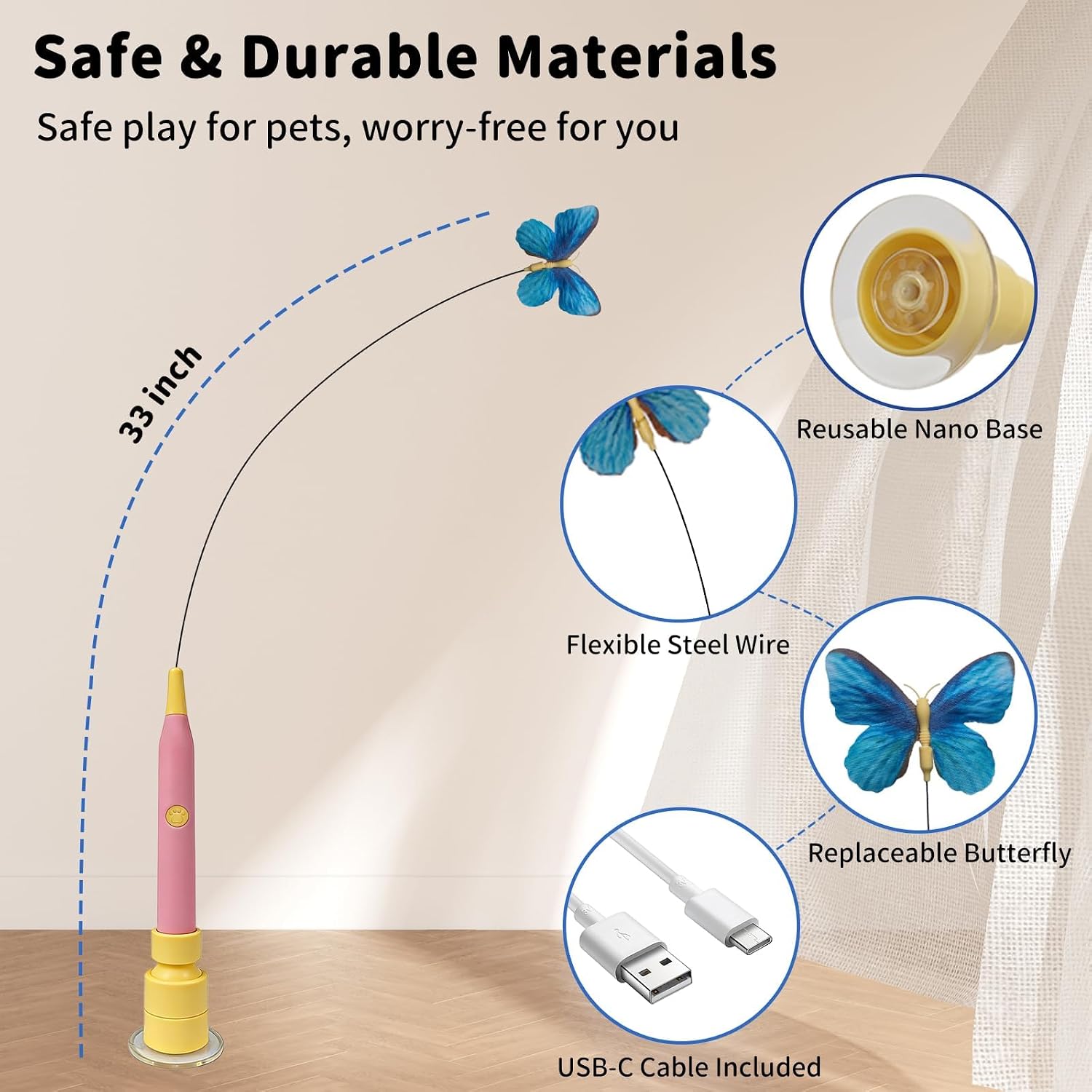 Interactive Cat Toys for Indoor Cats, Automatic Cat Wand Toy Enrichment for Bored Kitten, Spin Butterfly with Self-Holding Suction Base, Rechargeable Electric Moving Feather Stimulating Toy - Image 8