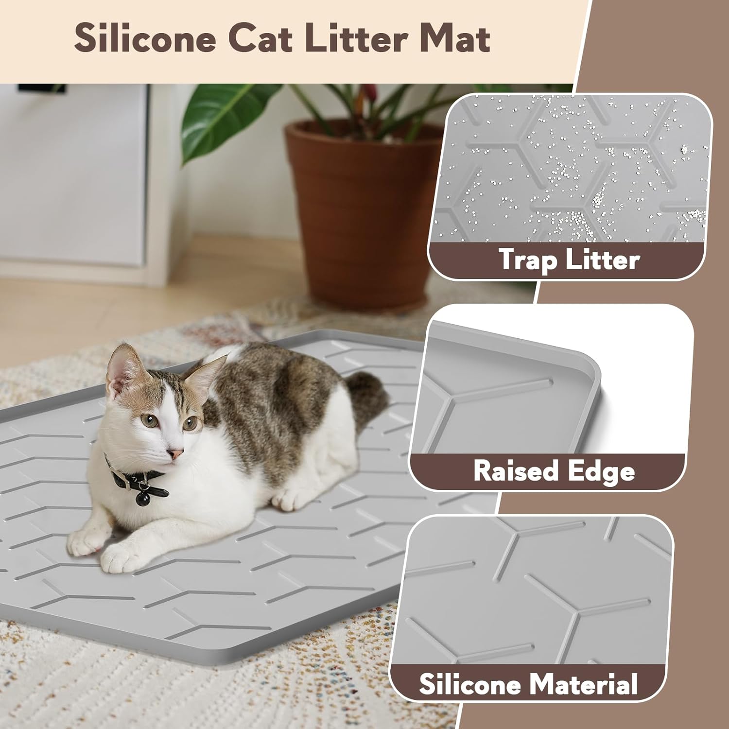 Garoopion Cat Mat for Litter Box, Large 34.05×22.5 inch Cat Litter Mat, Waterproof Silicone Pad for Floor, Gray - Image 3