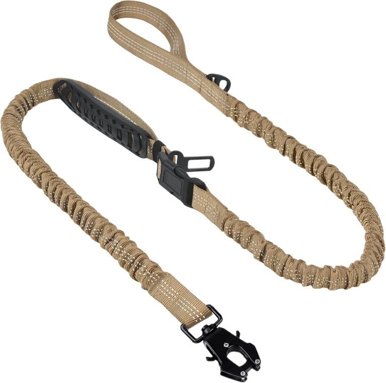 Twoear Heavy Duty Dog Leash for Large Dogs that Pull, 4-7FT Shock Absorbing Bungee Leash with Traffic Handle, Metal Frog Clip, Car Seatbelt, Reflective Tactical Leashes for Medium to Large Breeds