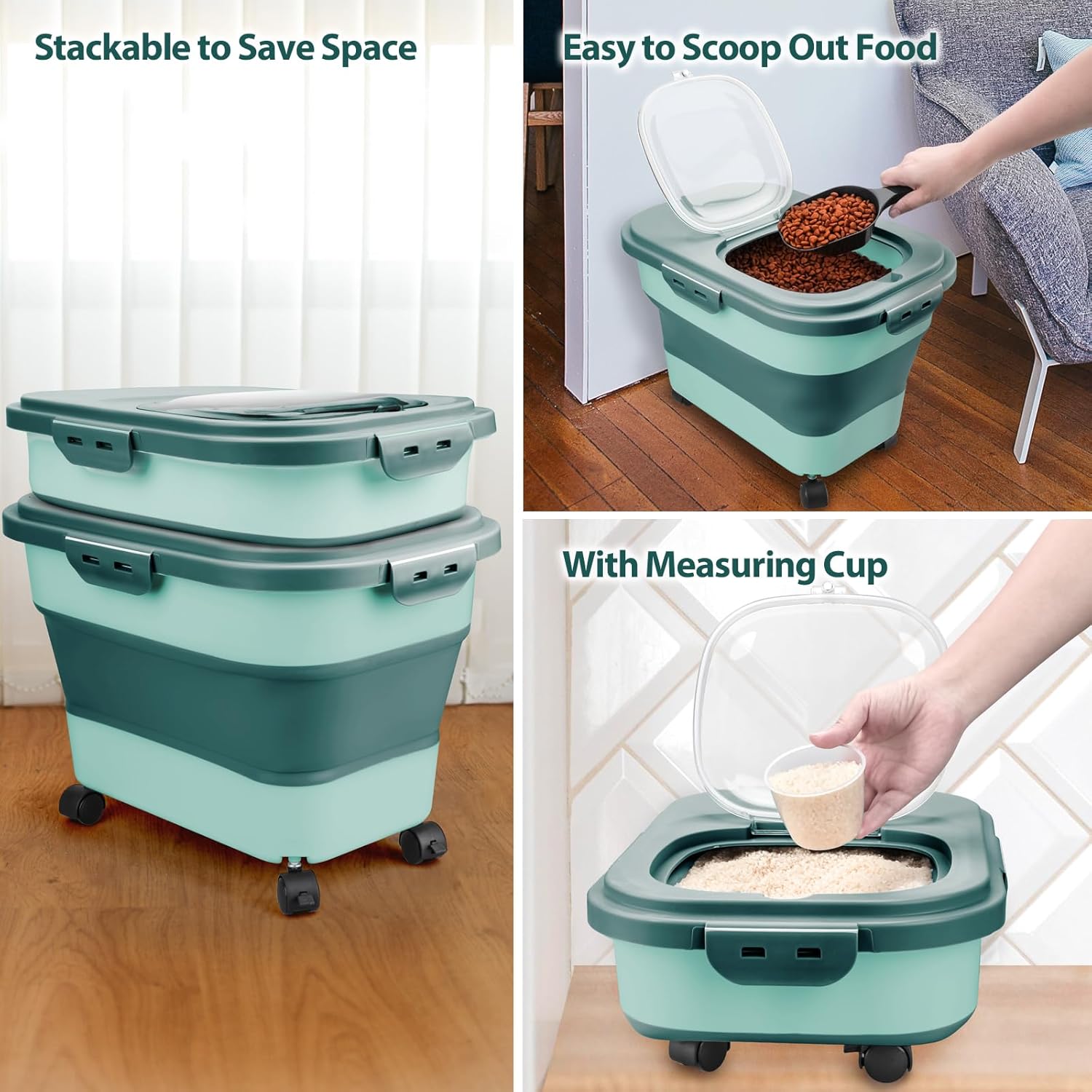 Viretec Dog Food Storage Container, 10-20Lbs Collapsible Pet Food Storage Containers with Rolling Wheel Airtight Locking Lid, Dry Food Storage Bin with Cup and Scoop,Suitable for Pet Food, Flour, Rice - Image 7