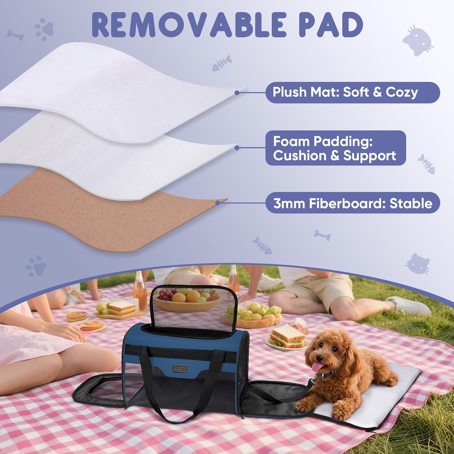 BALEINE Cat Carrier, Puppy Dog Carrier for Small Medium Pets Up to 15 Lbs, Soft-Sided Dog Travel Bag with Safety Zippers, Collapsible Pet Carrying Case (Blue, L, 17"x11"x11") - Image 5