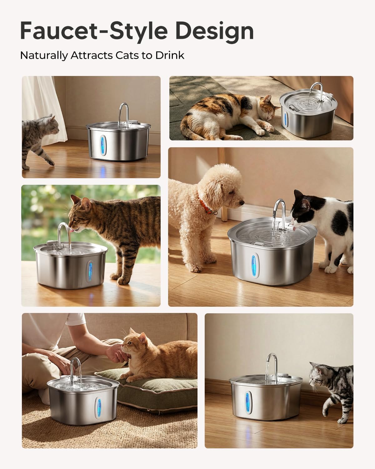 PEKTACO Stainless Steel Cat Water Fountain, 3.2L/108oz Cat Water Dispenser with Quiet Water Pump, Dishwasher Safe Pet Drinking Fountain for Cats - Image 9