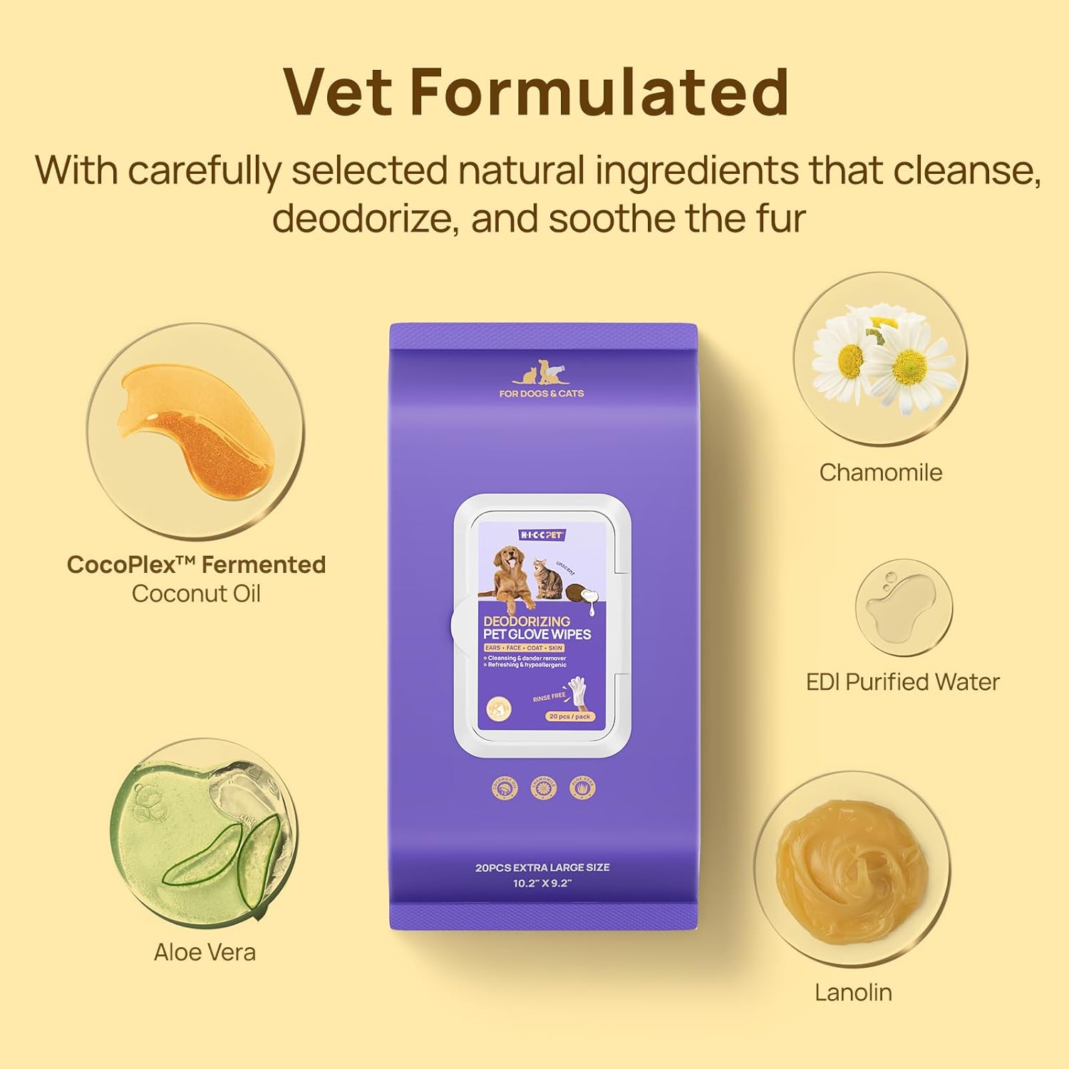 HICC PET Dog Wipes Cleaning Deodorizing Glove Wipes for Dogs, Cats & Horses, Vet Recommended Hypoallergenic Hydrating & Nourishing Pet Wipes for Eyes, Ears, Butt & Paws, No-Rinse, 6pcs Coconut Scent - Image 4