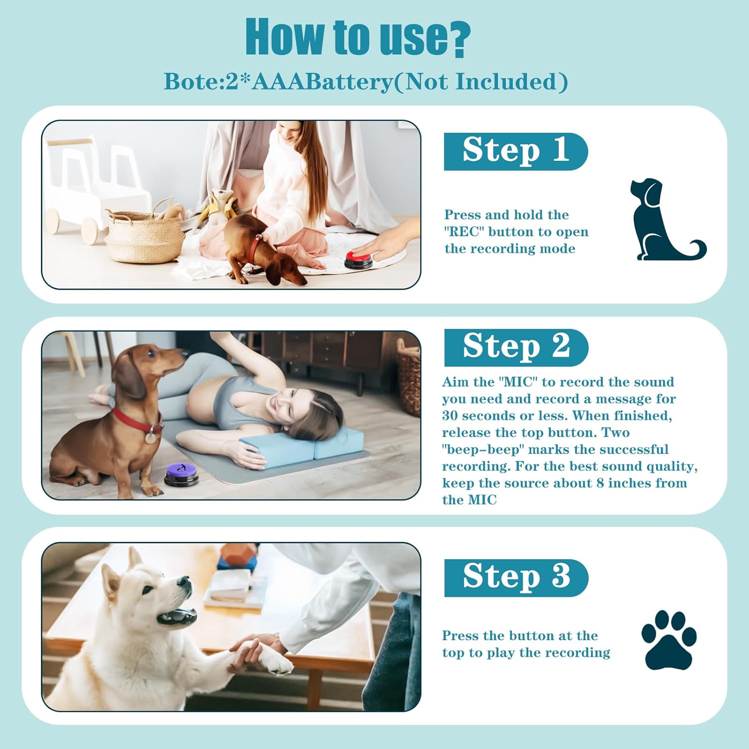 Dog Buttons for Communication Starter Pack 8 Dog Talking Button Set, 30s Voice Recording Speaking Button Pet Speech Training Buzzers with 30 Scene Stickers and Dog Button Mat for Animal Training - Image 7