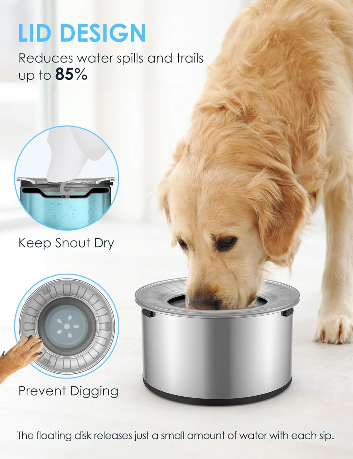 Heouvo 1 Gallon Large Dog Water Bowl No Spill,【Anti Digging Lid & Rubber Bottom】 Spill Proof Dog Bowl, Anti Splash Mess Dripless Slow Drinking Stainless Steel Water for Sloppy Messy Drinkers Car - Image 2