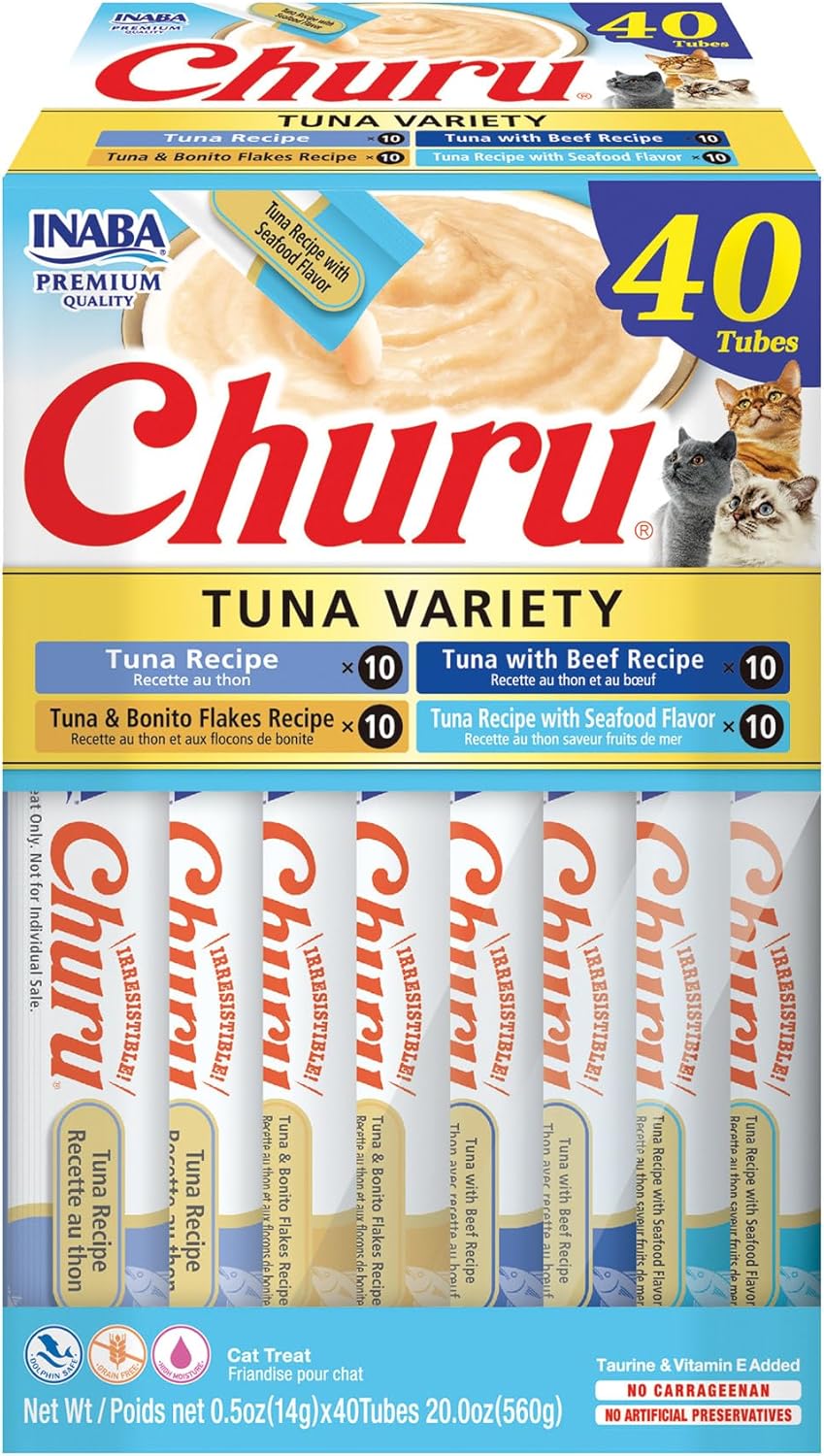 INABA Churu Cat Treats, Lickable, Squeezable Creamy Purée Cat Treat with Green Tea Extract & Taurine, 0.5 Ounces Each Tube, 40 Tubes, Tuna Variety Box