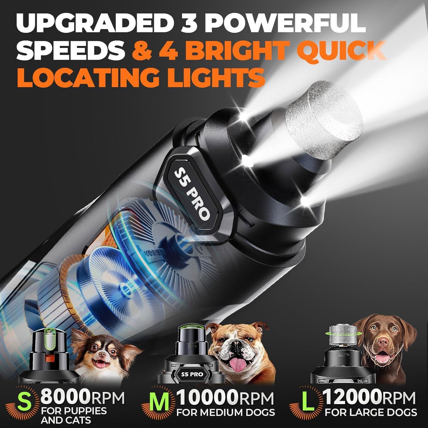 Whisper Quiet Dog Nail Grinder with 4 LED Lights, Safe & Stress-Free for Sensitive Dogs Cats of All Breeds & Sizes, 3 Grinding Bits, 3-Speed, Pet Nail Trimmers, Rechargeable Painless Grooming Kit - Image 3