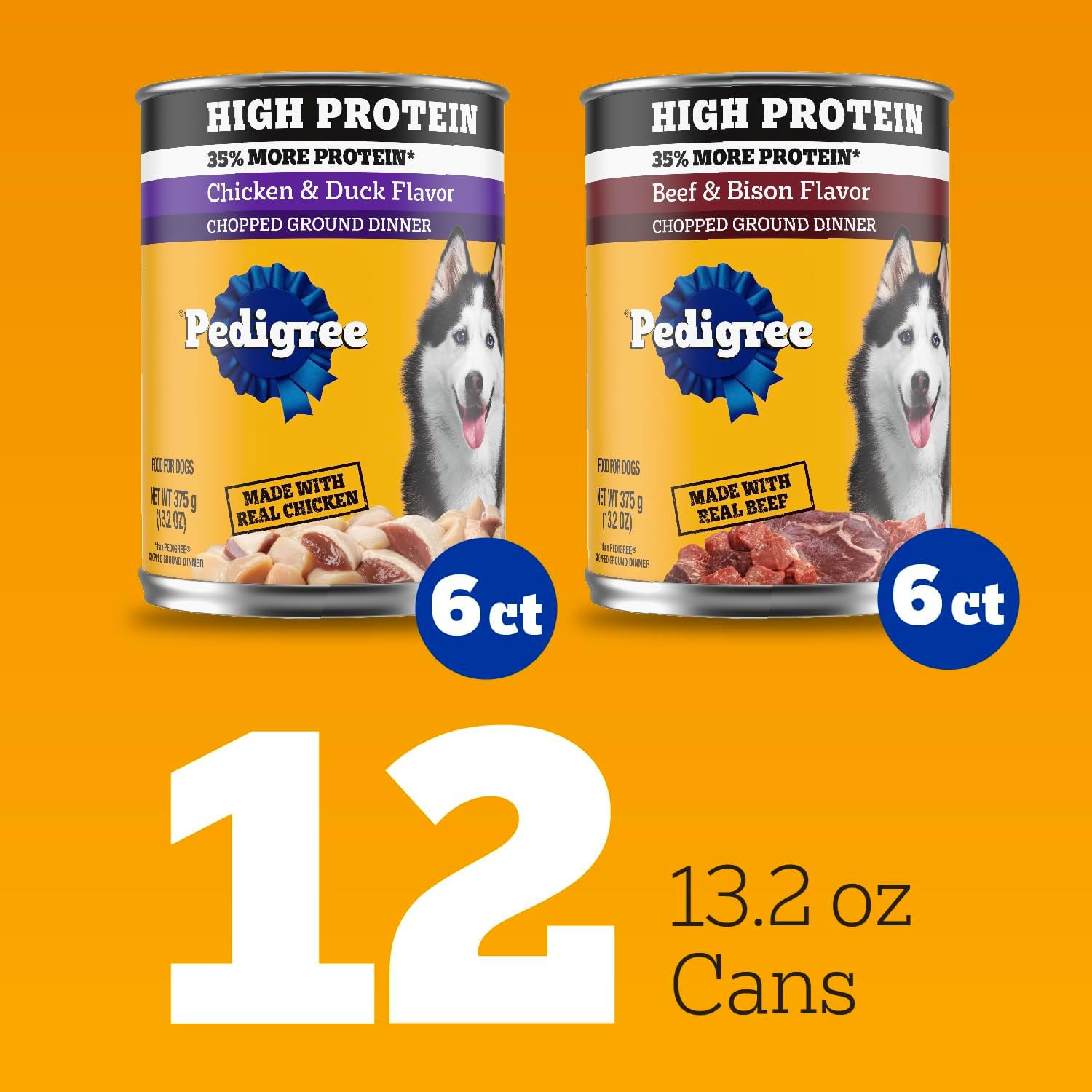 Pedigree High Protein Wet Dog Food, Adult Soft Canned Dog Food Variety Pack, Chicken Duck & Beef Bison Flavor, 13.2 oz. Cans, 12 Count - Image 2