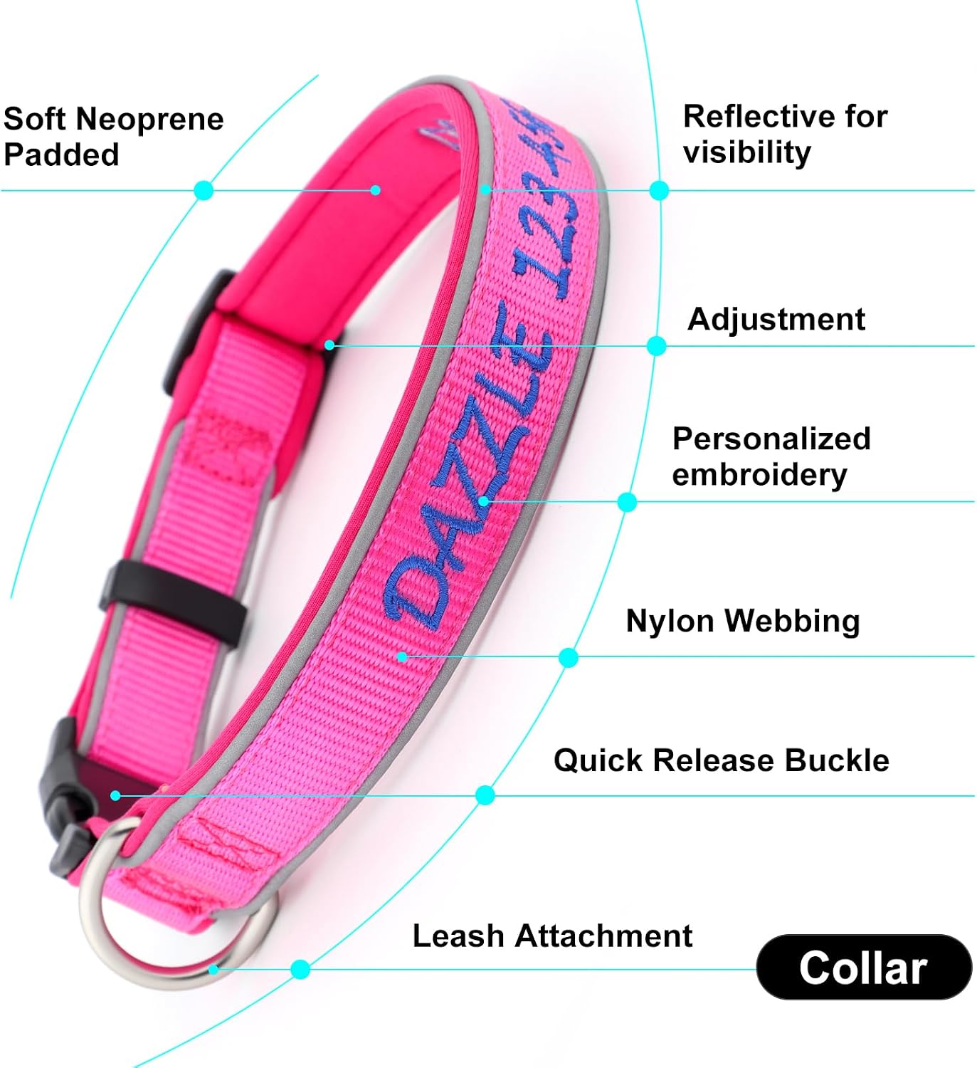 Personalized Dog Collars with Embroidered Name & Phone, Adjustable Reflective Nylon Pet Collar with Neoprene Padding, Custom for Puppy Small Medium Large Dogs - Image 2