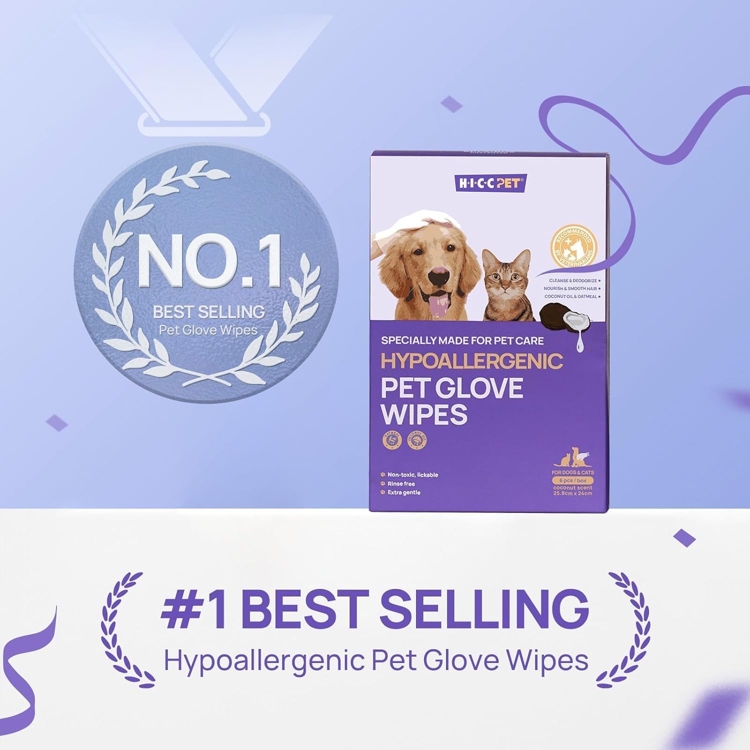 HICC PET Cleaning Deodorizing Glove Wipes for Dogs & Cats, Vet Recommended Hypoallergenic Hydrating & Nourish Fur Pet Grooming Glove Wipes, Pet Bathing Wipes for Horse Coat Care,6pcs Unscented - Image 2