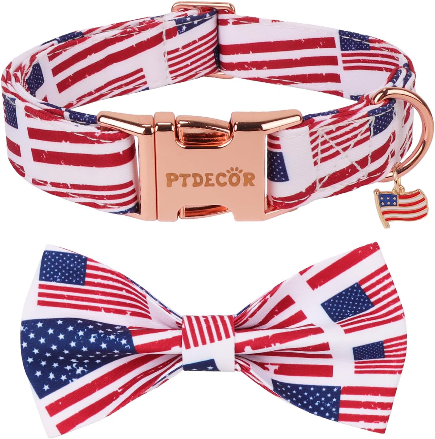 PTDECOR American Flag Dog Collar with Bow Tie, Adjustable Patriotic 4th of July Pet Collars for Medium Dogs (Medium)